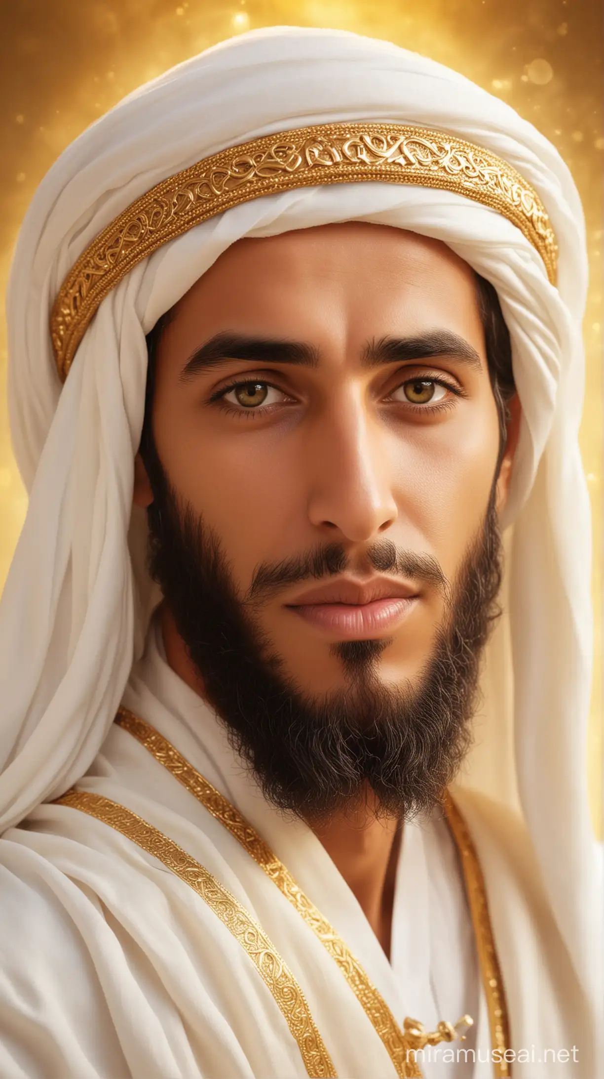 Create an image of the Prophet Muhammad (peace be upon him) with a serene expression, surrounded by a soft golden light, reminiscent of his spiritual presence, dont show prophet mohhamad  stw face over the image islamic tradition