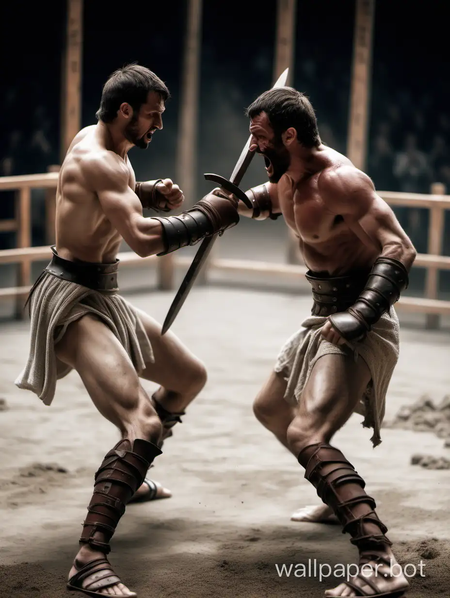 2 athletic bare chested male gladiators wearing cloth rags sparring with wooden swords in the arena
