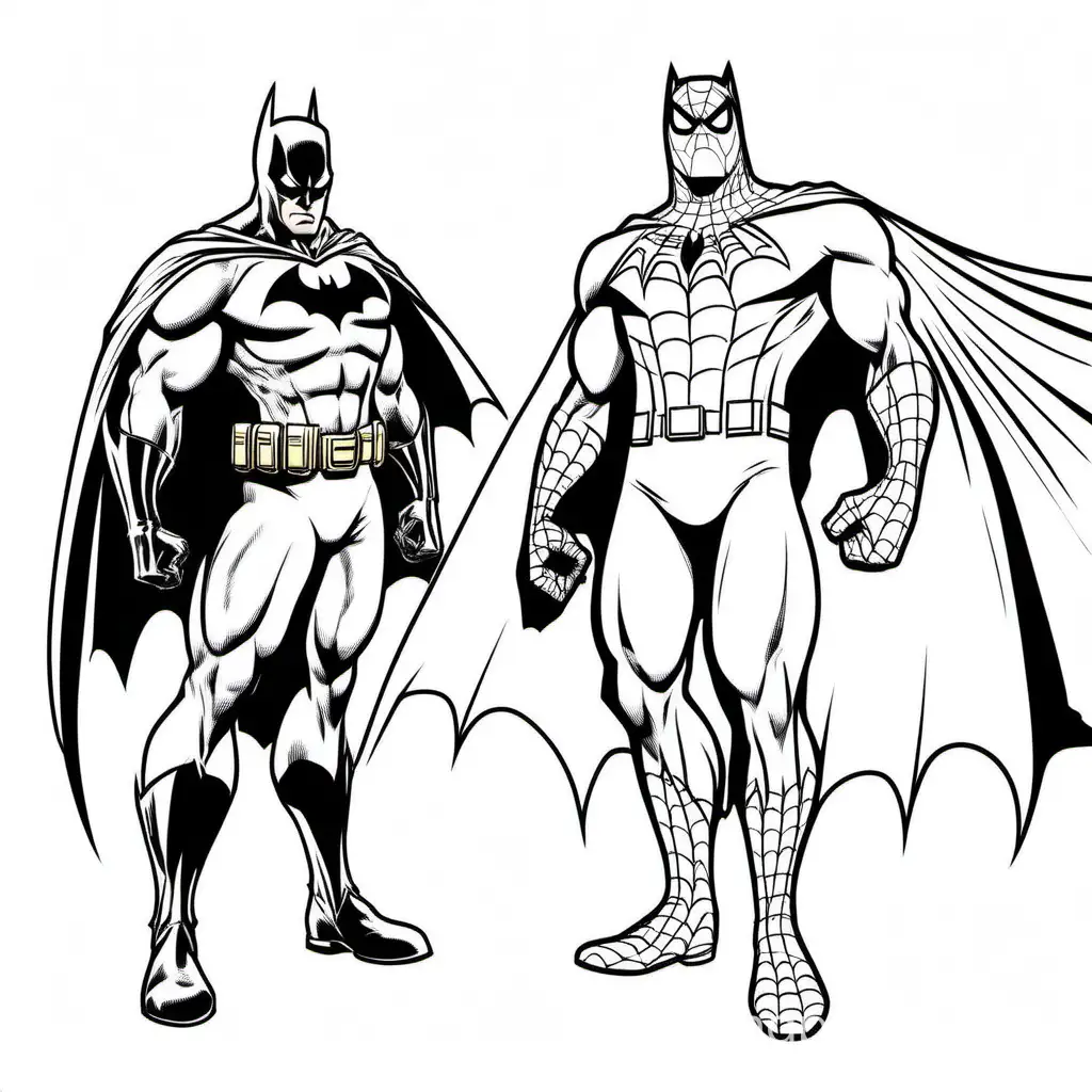 Batman and Spiderman, Coloring Page, black and white, line art, white background, Simplicity, Ample White Space. The background of the coloring page is plain white to make it easy for young children to color within the lines. The outlines of all the subjects are easy to distinguish, making it simple for kids to color without too much difficulty