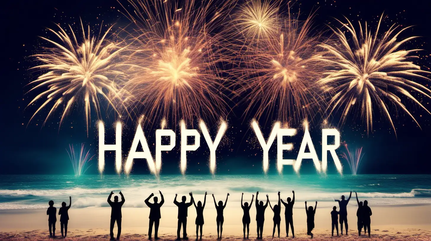 make image of happy new year 2025,fireworks,animated people gathering ,looking,upward,happy,beach,write happy new year 2025 in middle of photo in large fonts