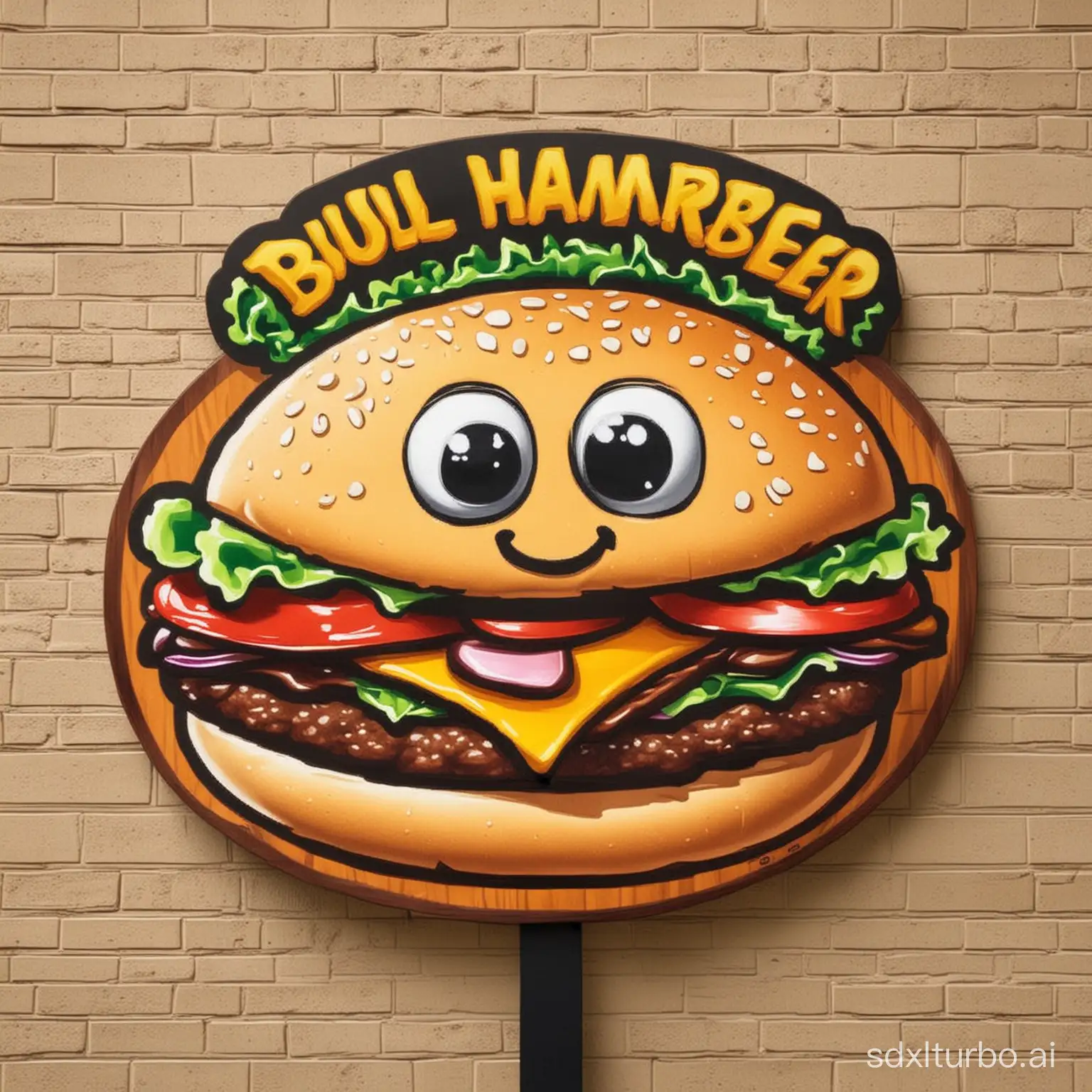 Make a cartoon hamburger sign, the sign name is Bull A Hamburger, to attract people