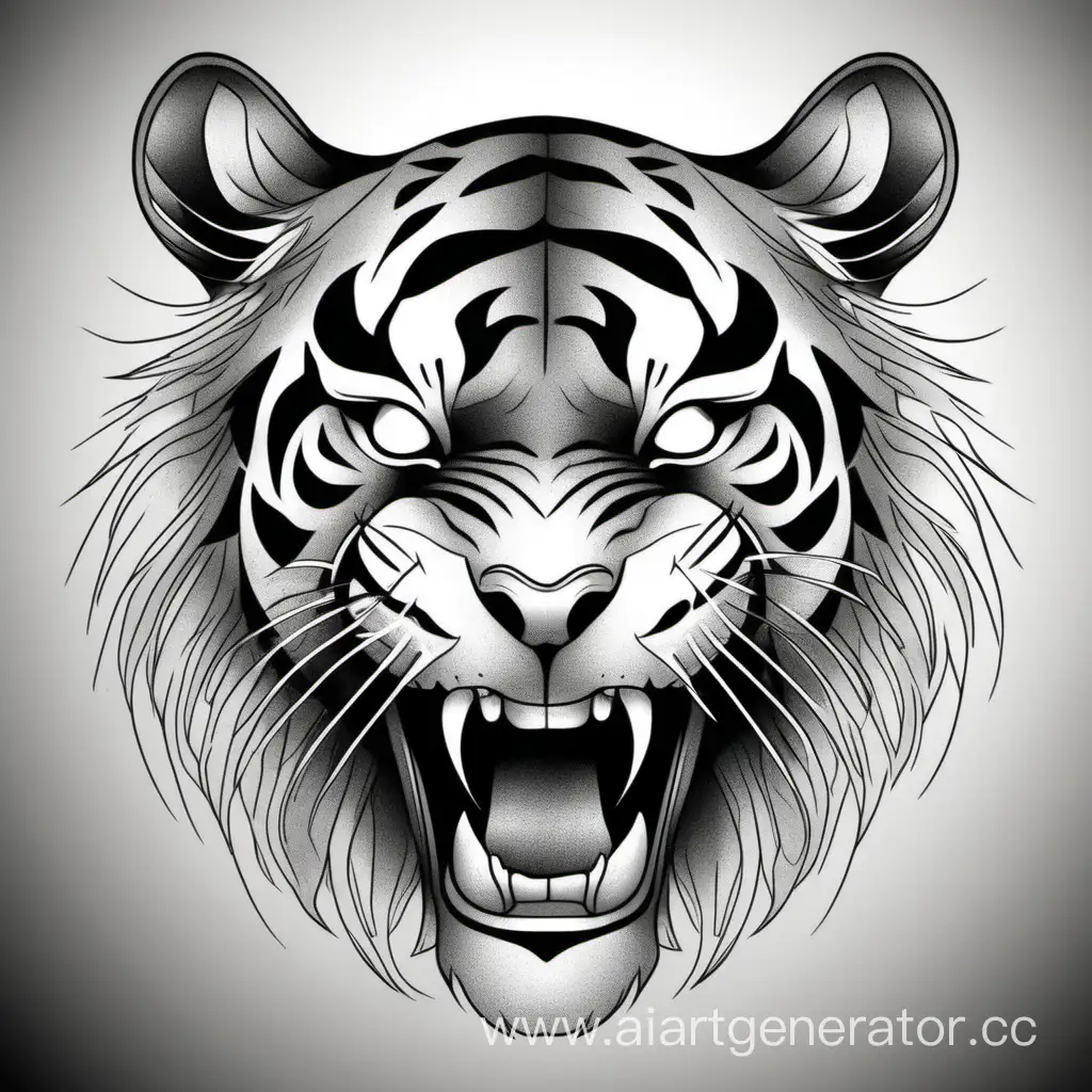 Monochrome-Tiger-Head-Drawing-with-Striking-Open-Mouth
