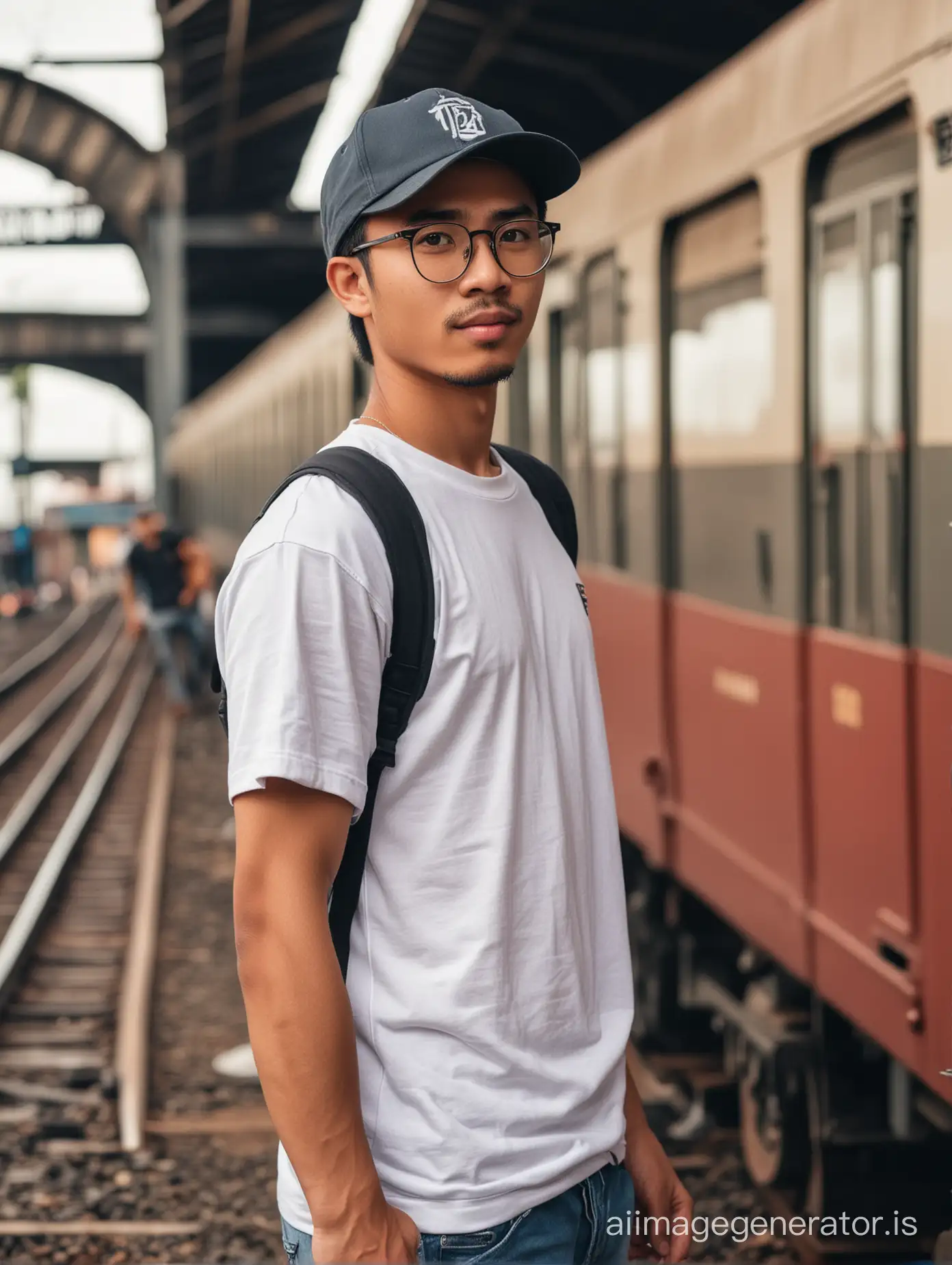 The young Indonesian man, wearing t-shirt, backpacker,  eye level angle, baseball cap, glasses, standing beside the train, train terminal