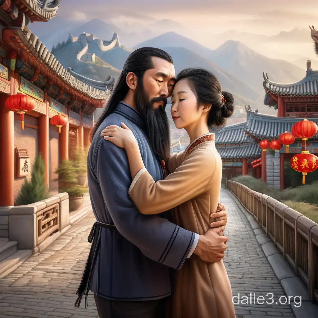 Generate an image of a European man with a black beard tenderly embracing a Chinese woman in a warm hug, set against a picturesque European backdrop with elements of Chinese culture subtly integrated. Hyper realism fused with 3d art 