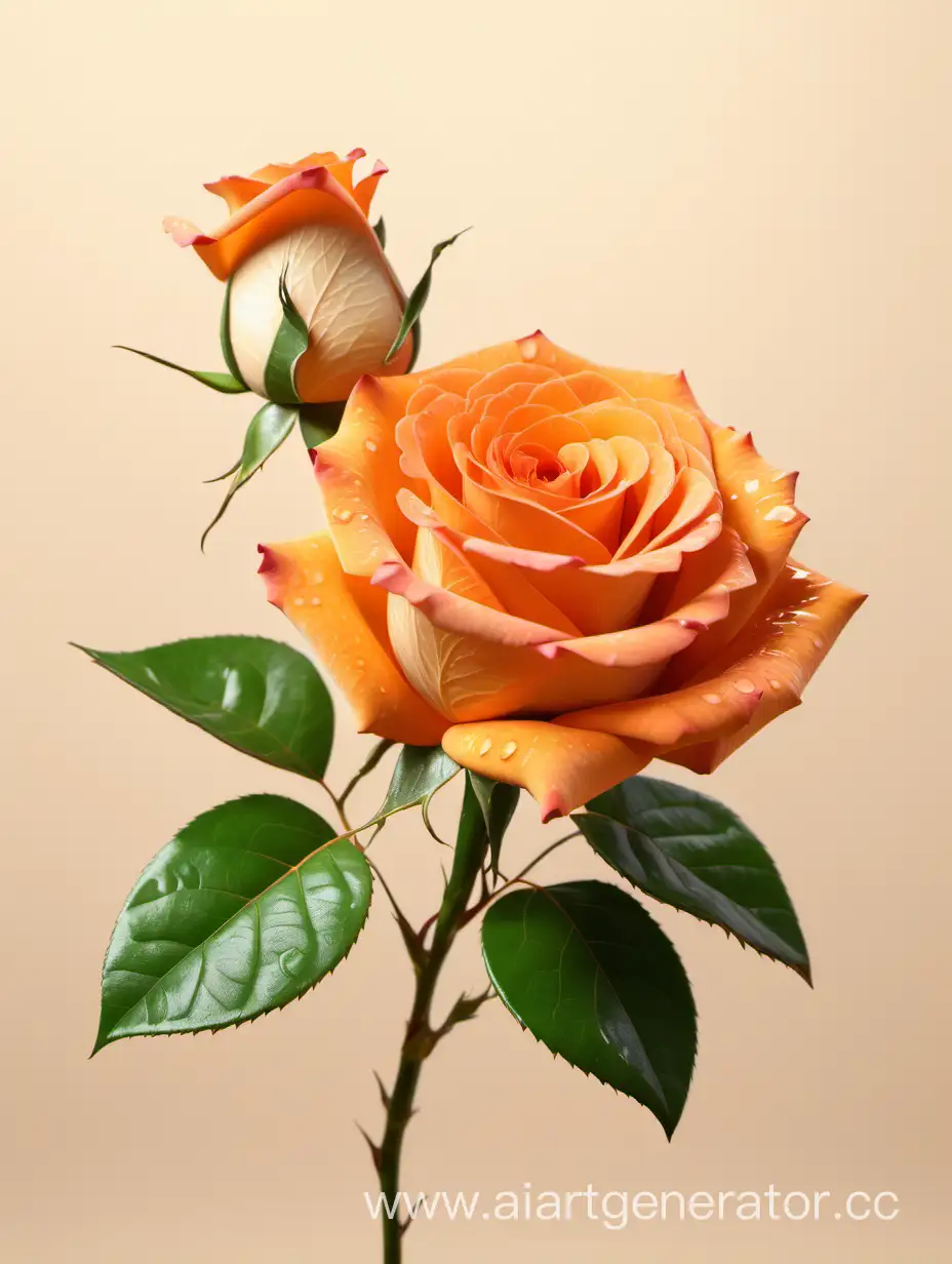 Orange Rose 8k hd with fresh lush green leaves on light Beige background