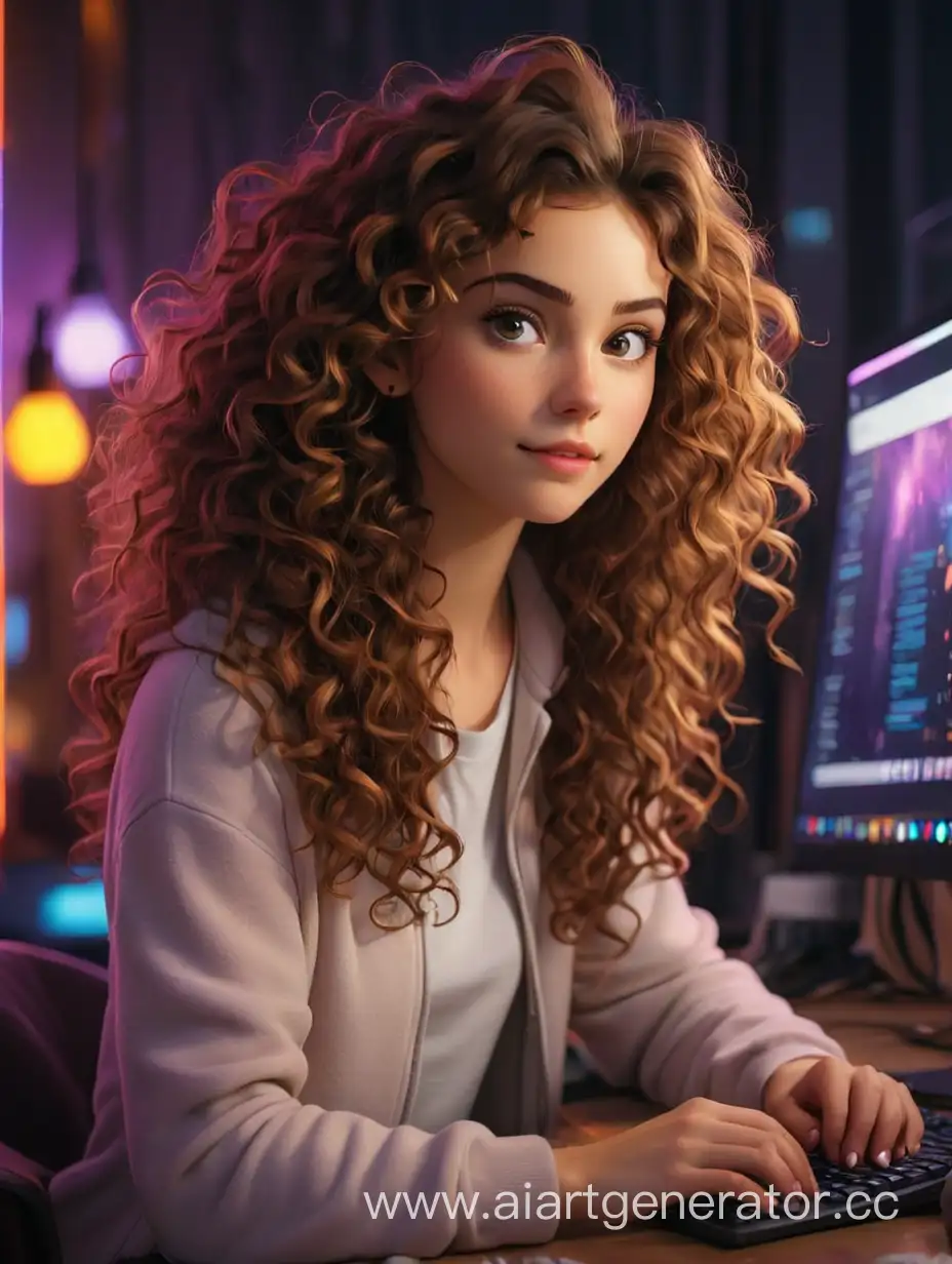A White girl with brown curly hair and brown eyes, very beautiful and thin, is sitting at a computer in a very cozy room with neon lights.