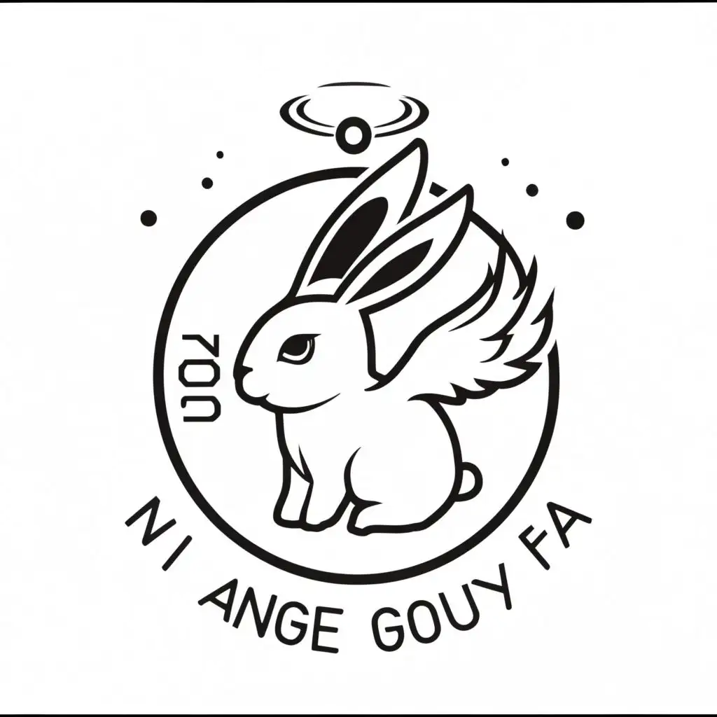 logo, a simplistic bunny with short angel wings and a halo. make the colors black and white make it very cute, with the text ".", typography