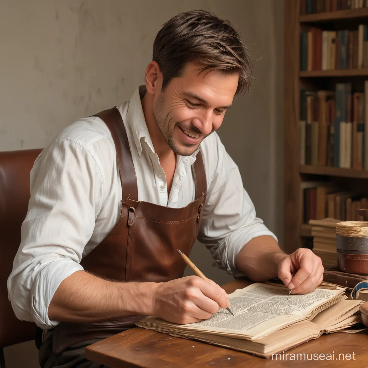 Capture the joy of a man in his early thirties with short brown hair, his warm smile reflecting the satisfaction of practicing the time-honored craft of traditional bookbinding. With careful hands and focused attention, he gracefully works amidst the scent of aged paper and leather, weaving stories into tangible treasures with each turn of the page and stitch of the needle."