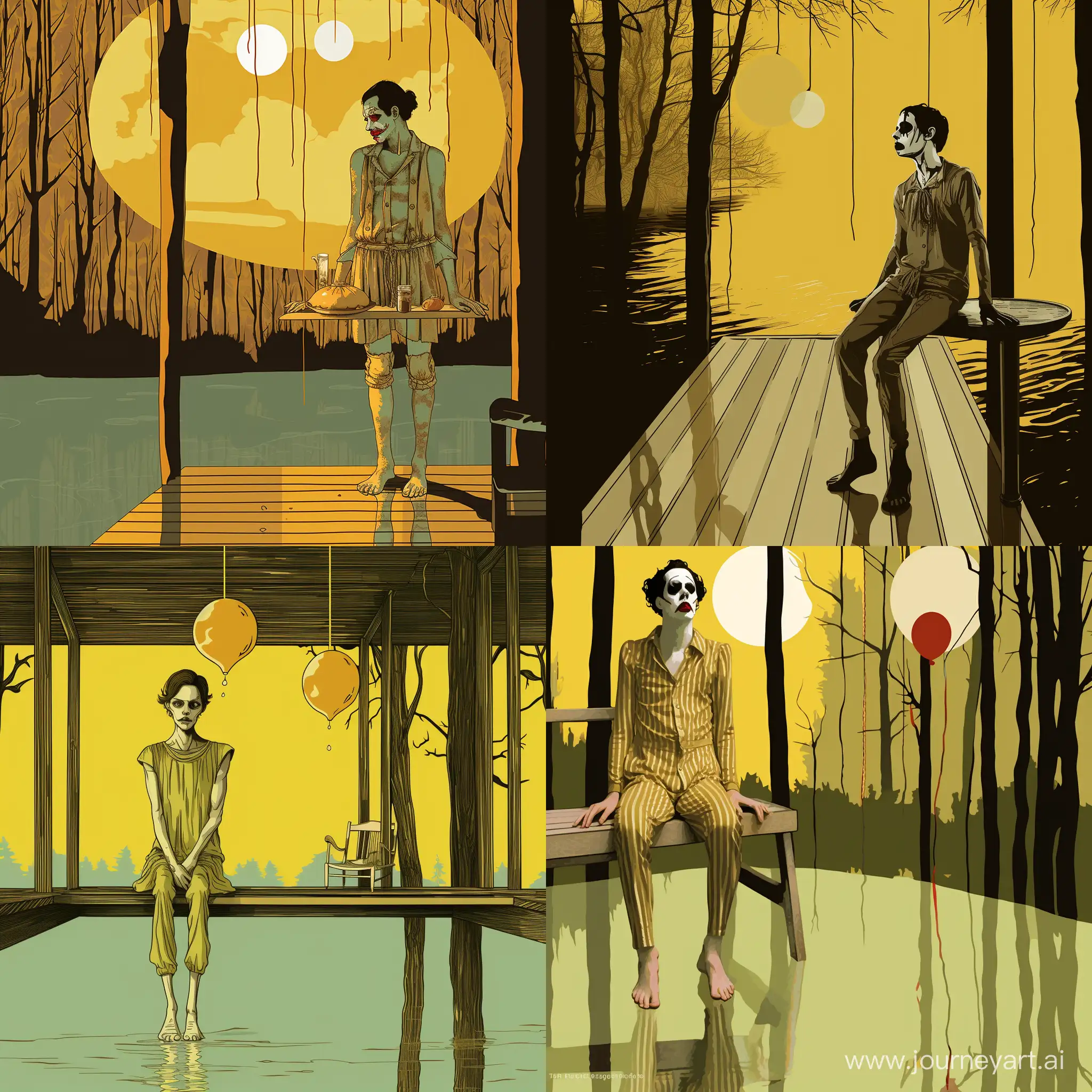 Melancholic-Stilt-Walker-Melting-Pale-Yellow-Glass-in-the-Woods