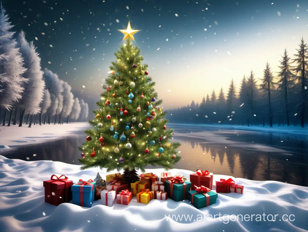 Елка реалистичная с новогодними игрушками в снегу на фоне замёрзшей реки и леса  Под ёлкой лежат подарки и сама елка светится  Подпись С Новым годом!