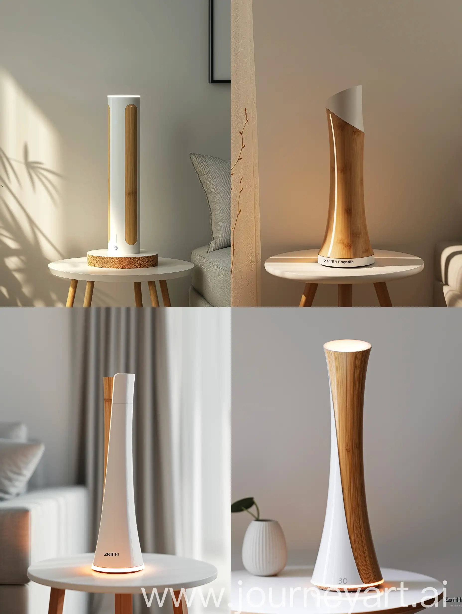 Visualize the Zenith Energy Gateway inspired of zen garden bamboo form and  Standing 30 cm tall with an 8 cm circular base diameter,its The body made from recycled plastics, shines in a pristine white or soft light gray, designed to complement any smart home decor with its understated elegance and base is crafted from sustainable bamboo, offering a warm, natural aesthetic that speaks to eco-friendliness and structure as a pinnacle of smart home energy management, blending modern design with environmental consciousness. This device embodies minimalism with its sleek, vertical silhouette, slightly tapered at the top for a subtle dynamic edge. Standing 30 cm tall with an 8 cm circular base diameter,The Zenith Energy Gateway features discreet, soft LED lighting at its base and edges, providing ambient illumination and notifications in a sophisticated manner. This lighting enhances the device's futuristic appeal, creating a visual connection between the device and its smart home environment.Designed to be both a functional energy management hub and a statement piece of technology, the Gateway stands on a minimalist side table or is mounted on a clean, white wall, integrating seamlessly into the smart home aesthetic. Its form factor and material choice symbolize a commitment to sustainability, innovation, and design excellence, aiming to resonate with modern homeowners who prioritize eco-conscious living without compromising on style.The image should capture the essence of the Zenith Energy Gateway in a contemporary setting, highlighting its role as an elegant, technologically advanced, and environmentally friendly addition to the smart home.product design style