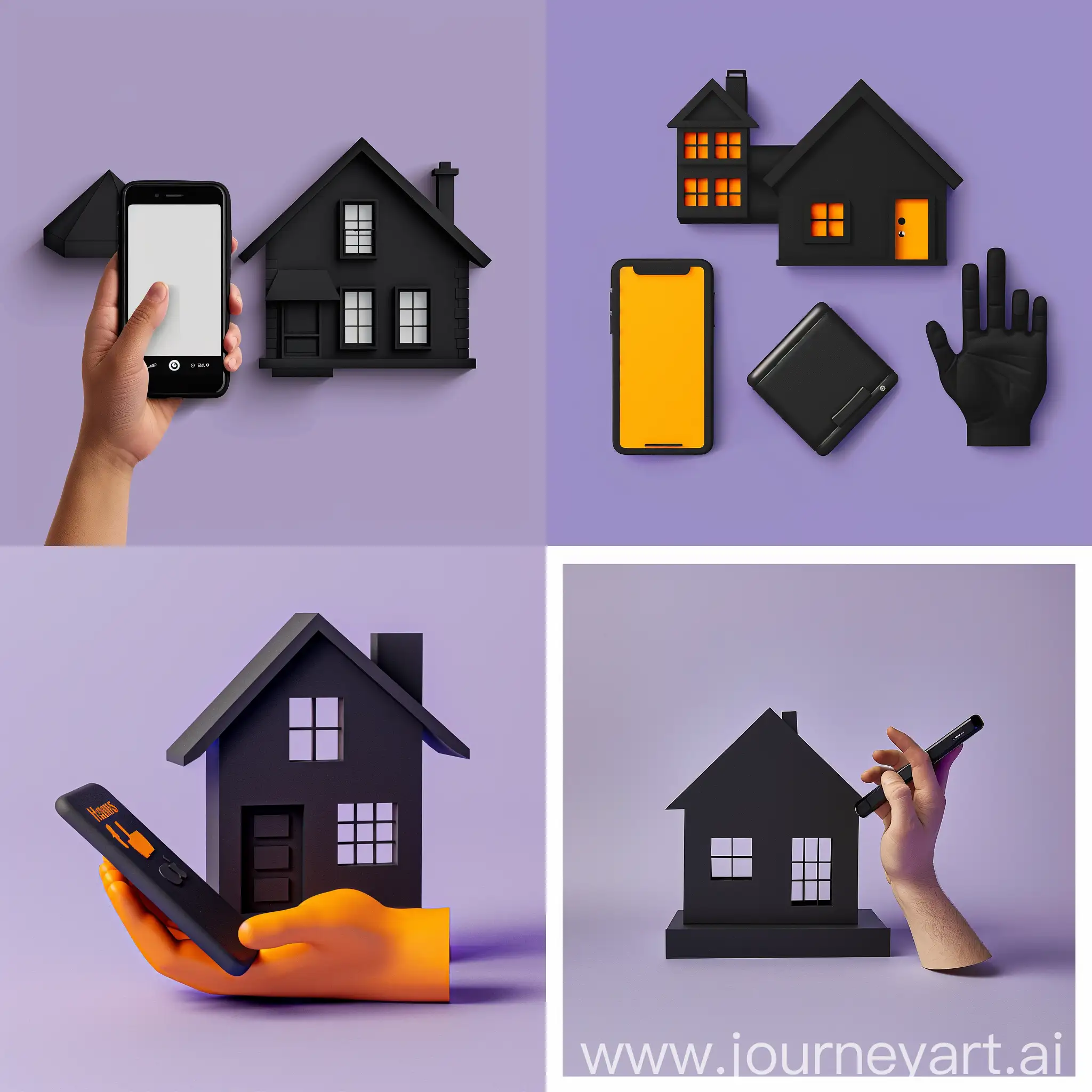 логотип на фиолетовом фон 2d дома черного цвета, обьемная фигура 3 параллелипепеда, и конткурный рисунок рука с телефоном