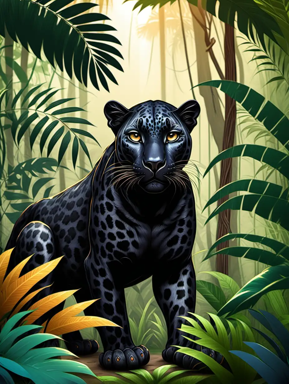 a black leopard in the jungle (for a children's book)