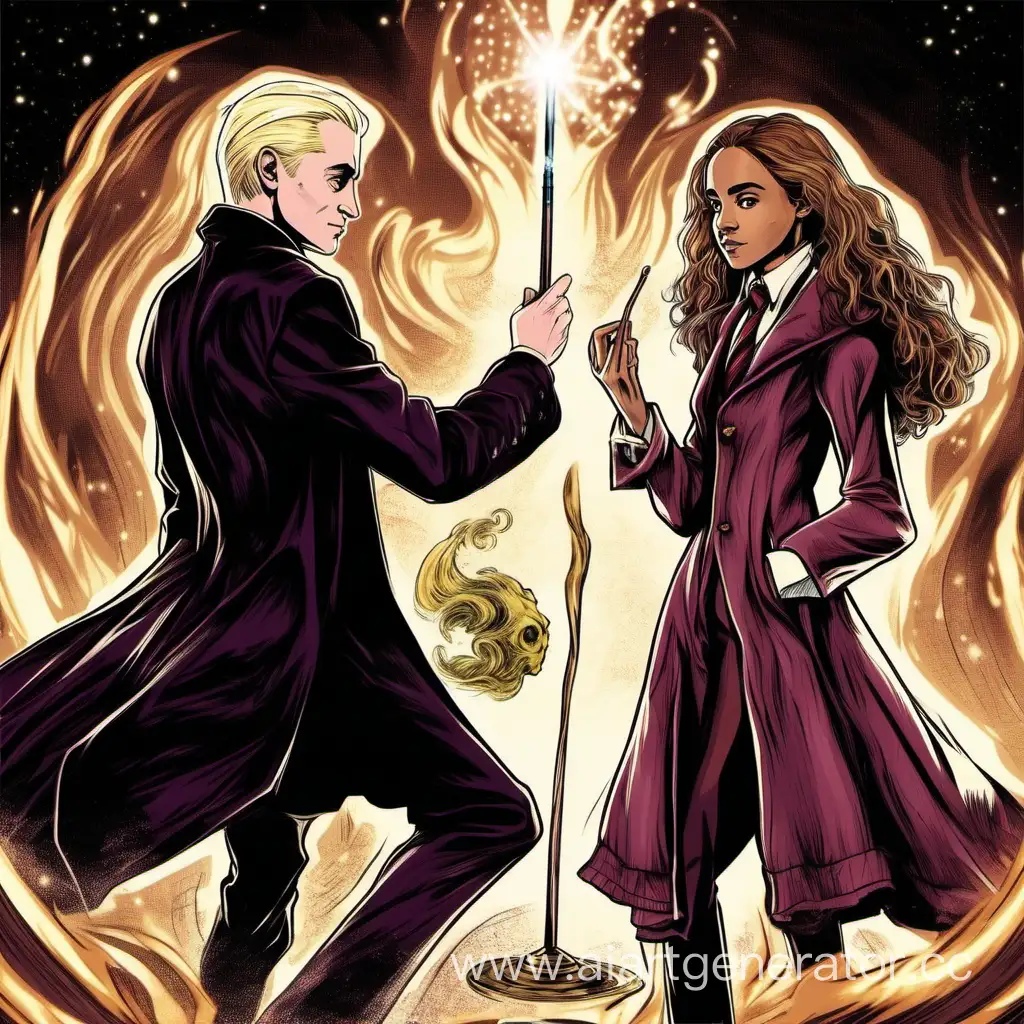 Malfoy and Hermione Granger are casting spells together with a magic wand