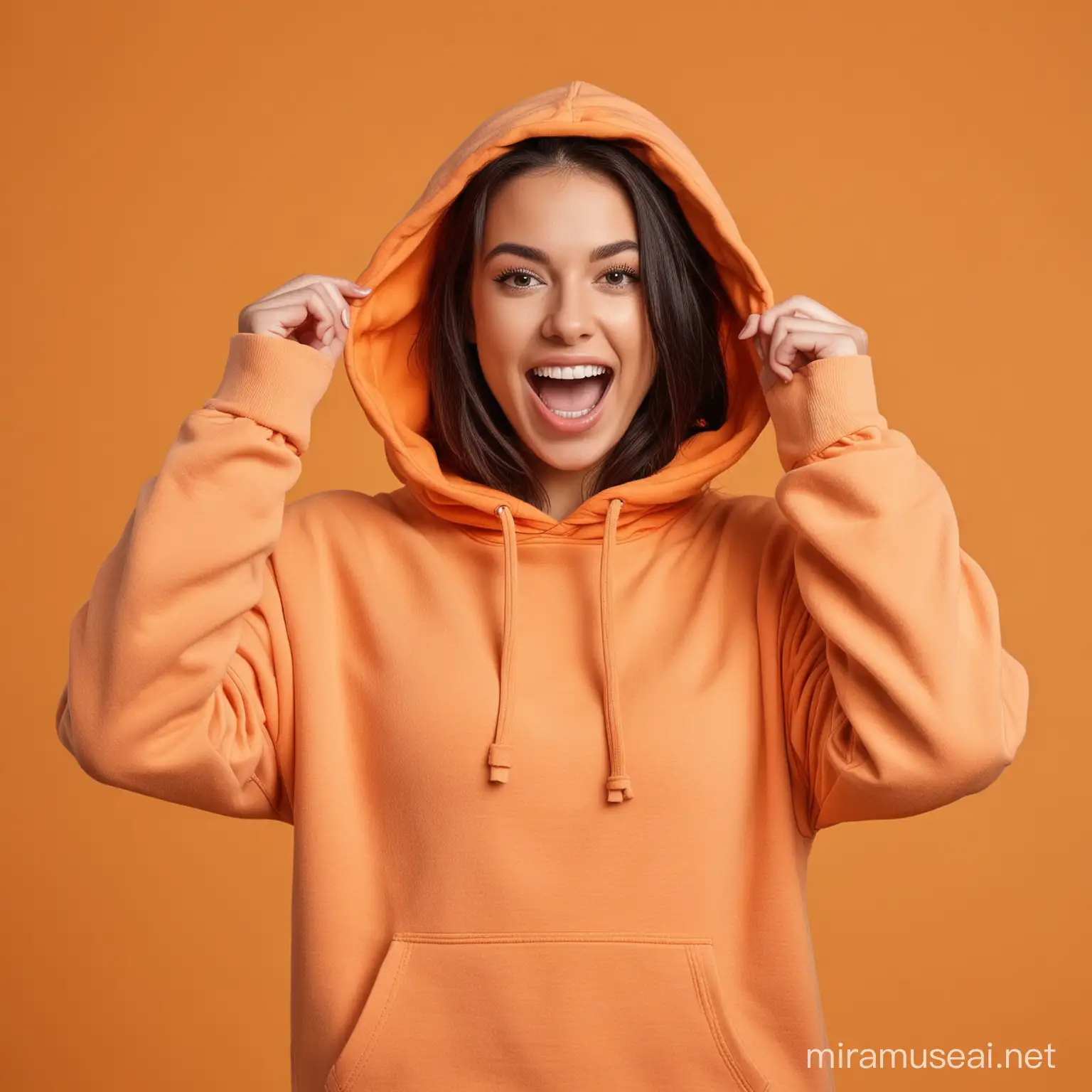 women in thick hoodie having fun, orange background
