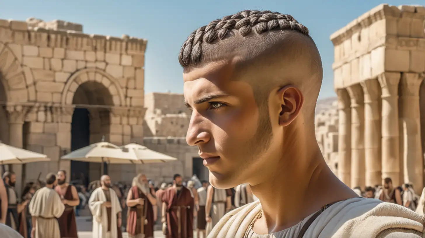 epoque biblique, un hébreu avec une coupe de cheveux spéciale, cheveux rasés sur les côtés, sur la grande place d'une ville hébreu antique, journée d'été