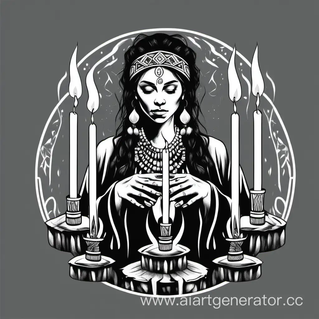 девушка шаман со свечей в руках, чёрно белый логотип