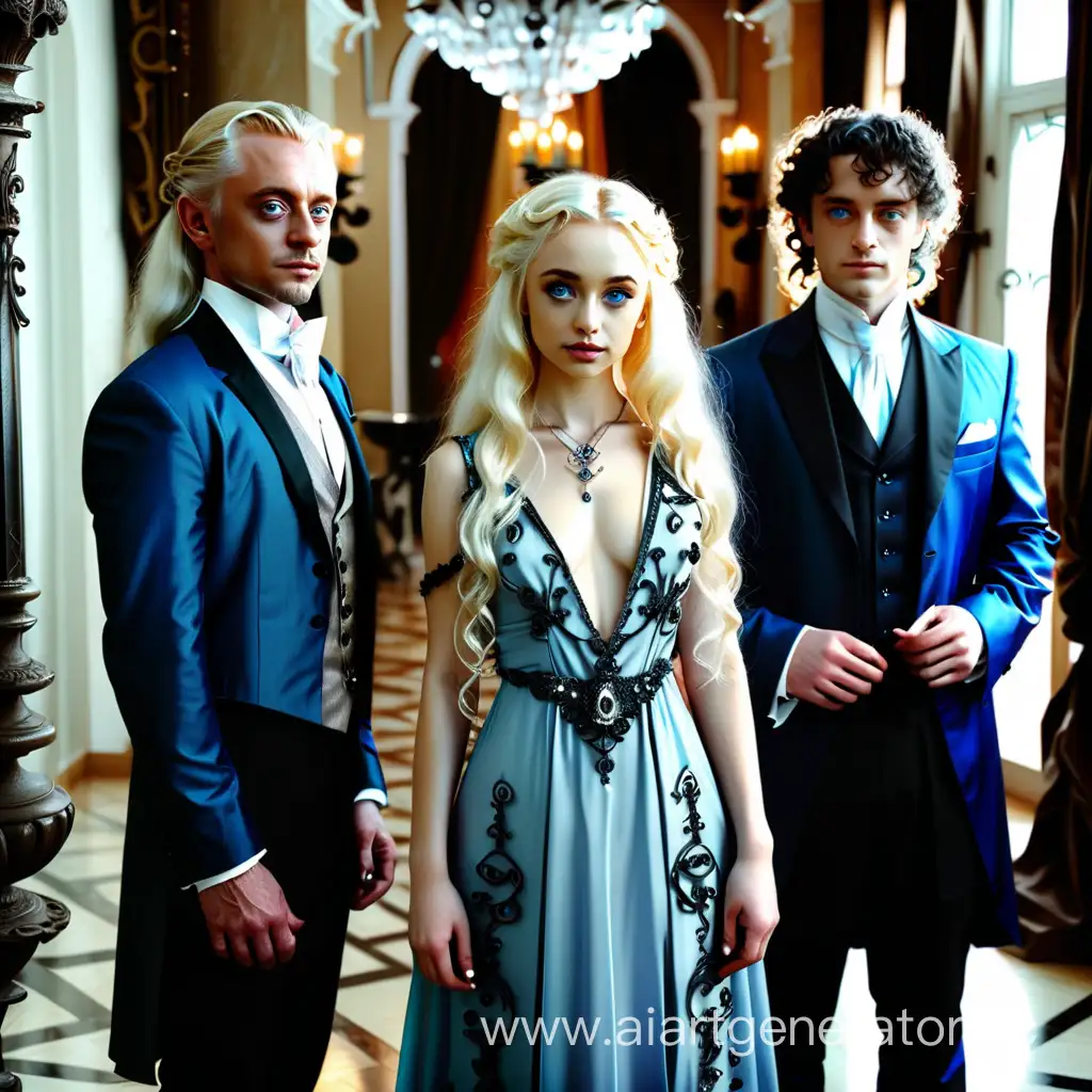 a young beautiful girl with blonde hair with blue eyes with a beautiful hairstyle, in a beautiful expensive long elegant dress stands next to Lucius Malfoy and a guy with dark curly hair in suits. evening. ball. Decorations, expensive house, hall