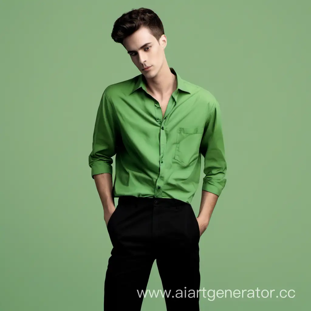 Young-Man-in-Tenderly-Green-Shirt-and-Black-Pants