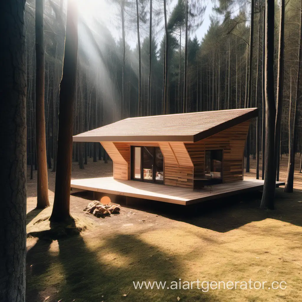 Очень уютное небольшое местечко в лесу, светит солнце, здание из дерева
