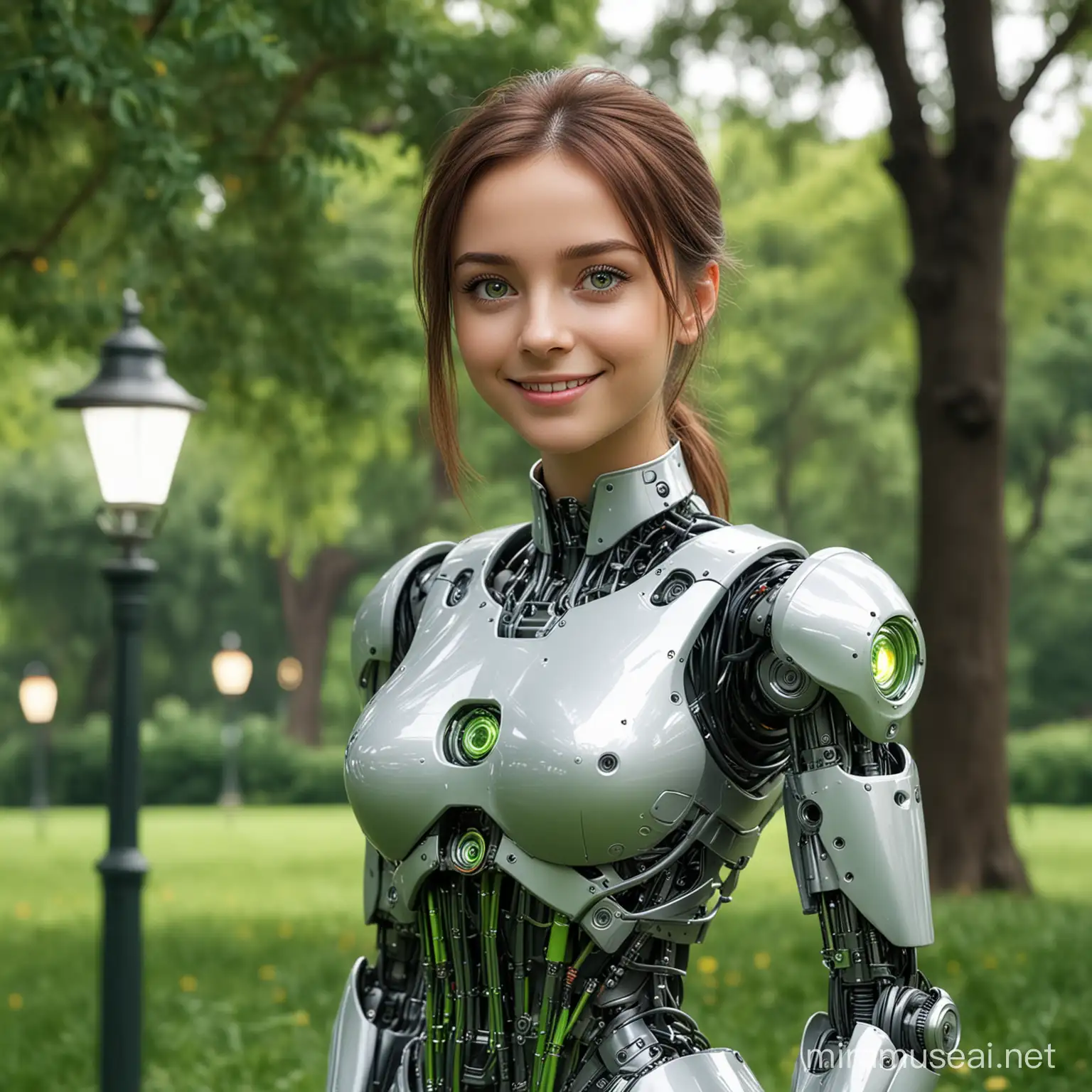 Cheerful Robot Girl Portrait in Green Park