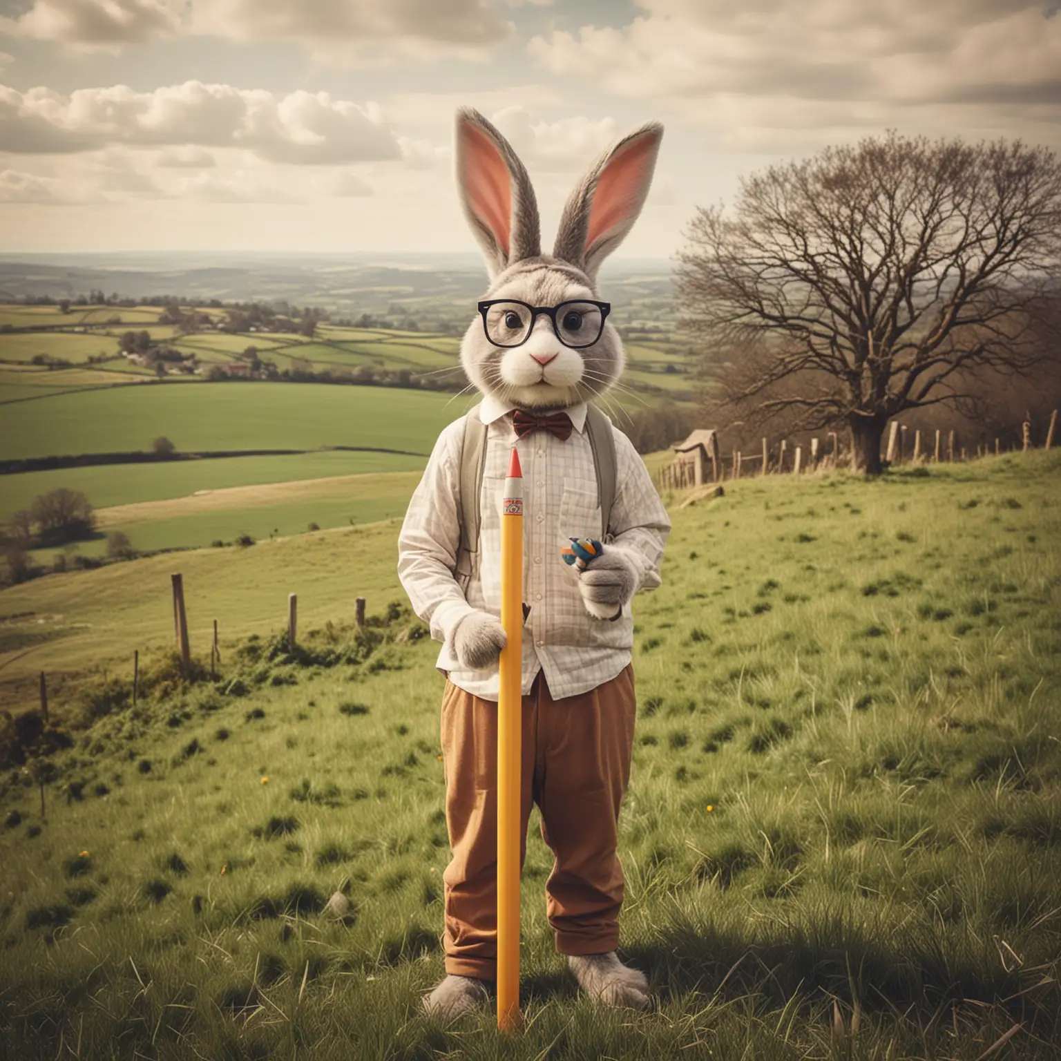 hipster easter bunny with giant pencil in the English countryside