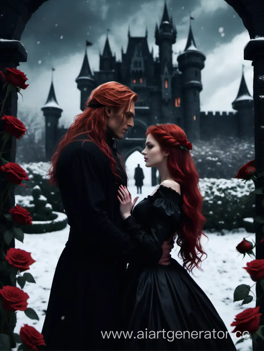 Red-haired girl and man with long hair gaze at each other, behind a black castle, a garden of red roses, snow around, black clothing, darkness, passion