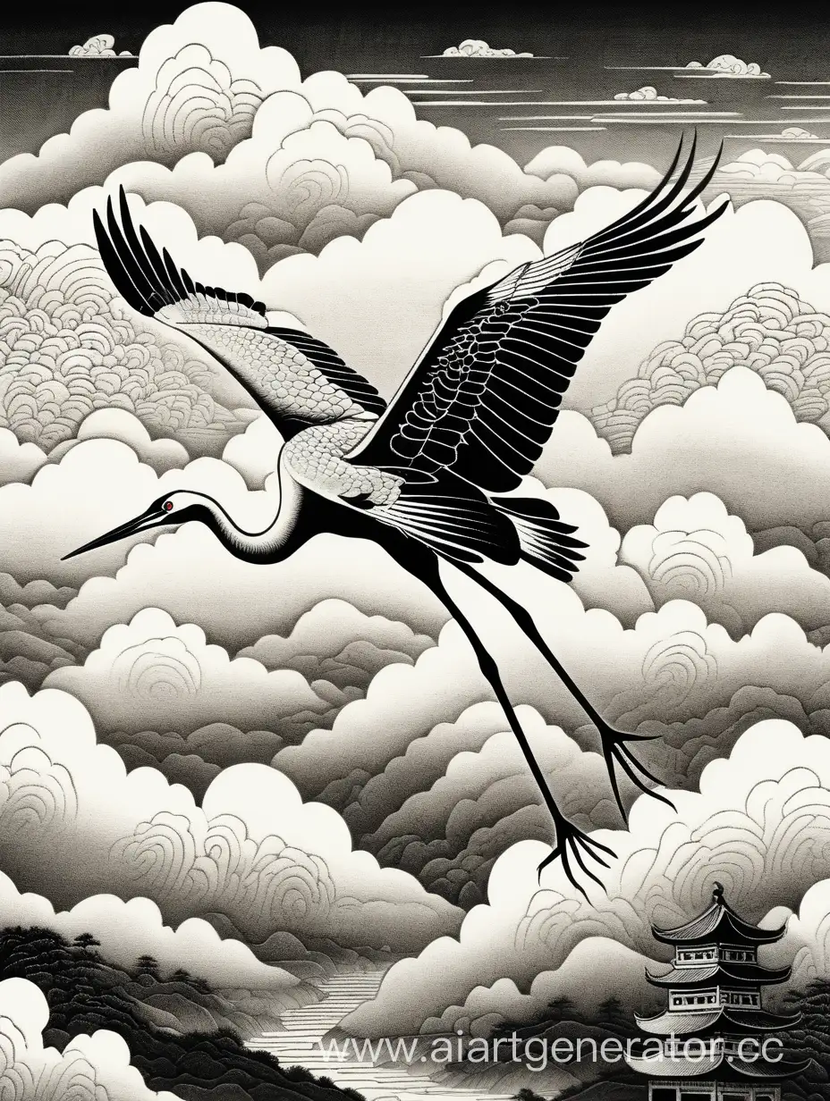 One Chinese crane flies above the clouds, asian style, simple linogravure style, white and black colors