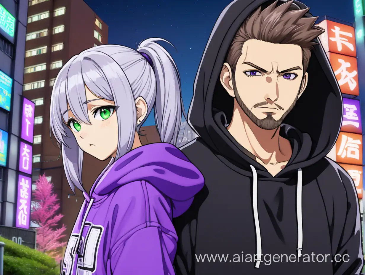 Anime-Style-Couple-in-Neon-Cityscape-Purple-Hoodie-Guy-and-SastetInscribed-Black-Hoodie-Girl