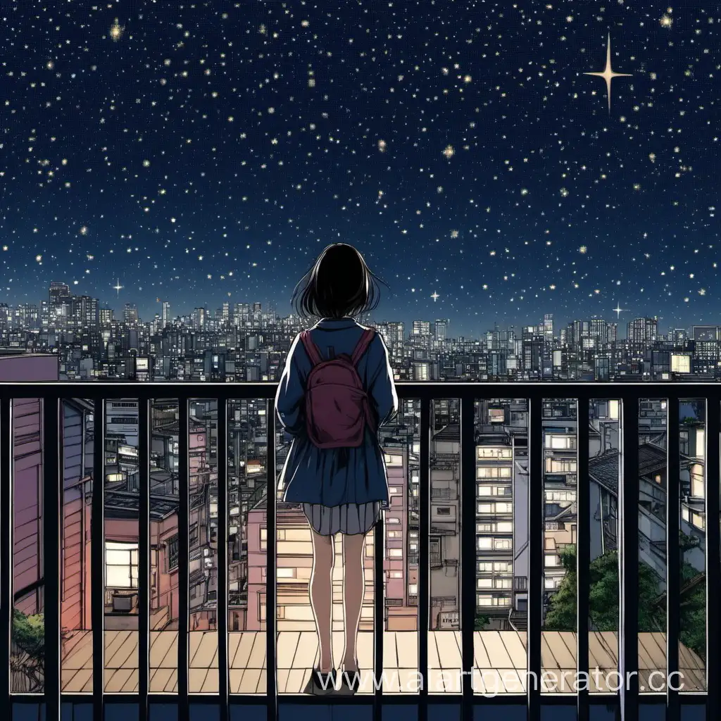 A girl standing on a balcony in Tokyo at night looking at the starry sky.