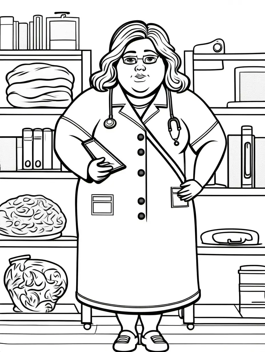 chubby woman doctor,line drawing, no shading, coloring book page
