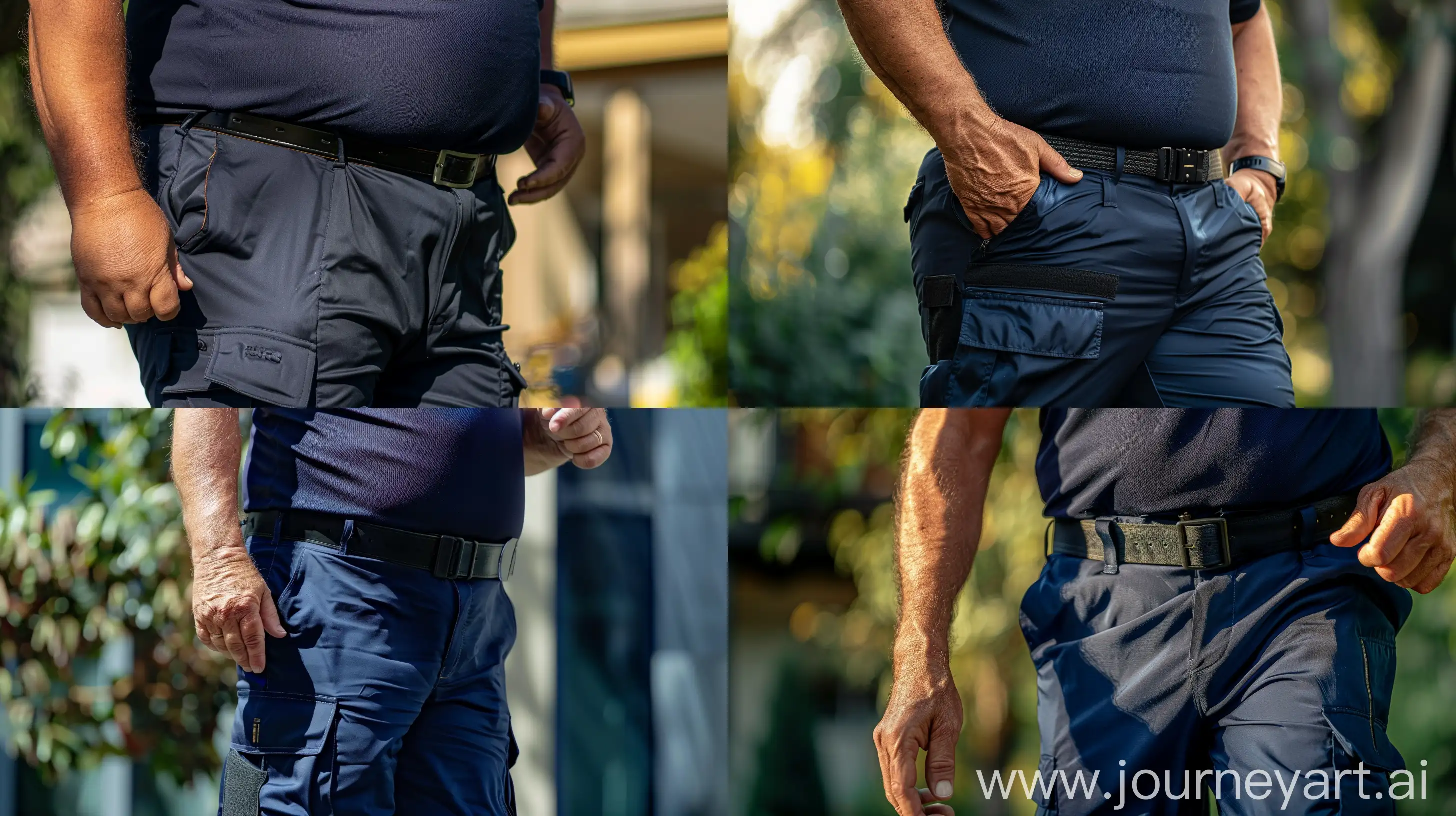 Close-up photo of a fat man aged 60 wearing silk navy blue tight cargo pants. Tucked in silk navy sport polo shirt. Black thick tactical belt. Running. Natural light. --ar 16:9