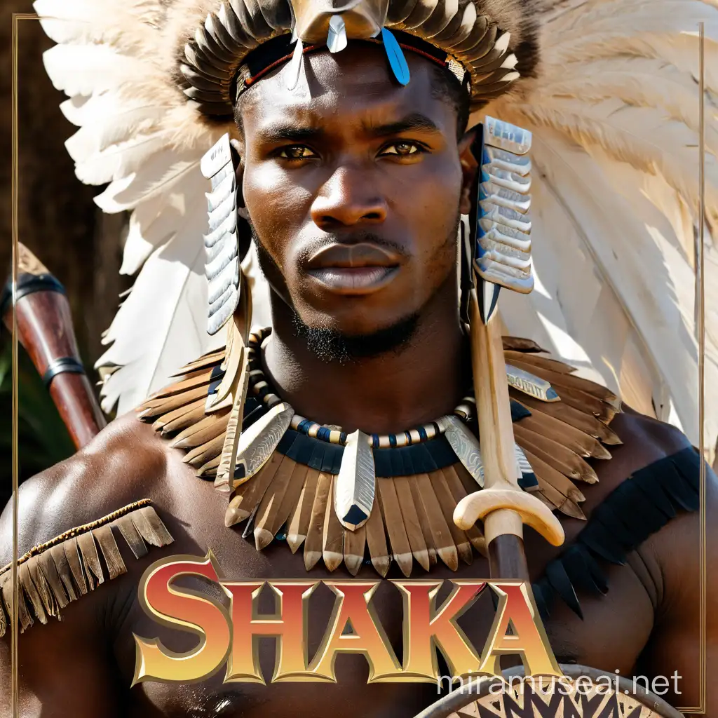 La misma imagen pero con un hombre cuerpo completo, de piel muy blanca, ojos azules y pelo rubio, sosteniendo una lanza y escudos africanos de la tribu zulu, con el texto en la parte de abajo: "Shaka Zulu"