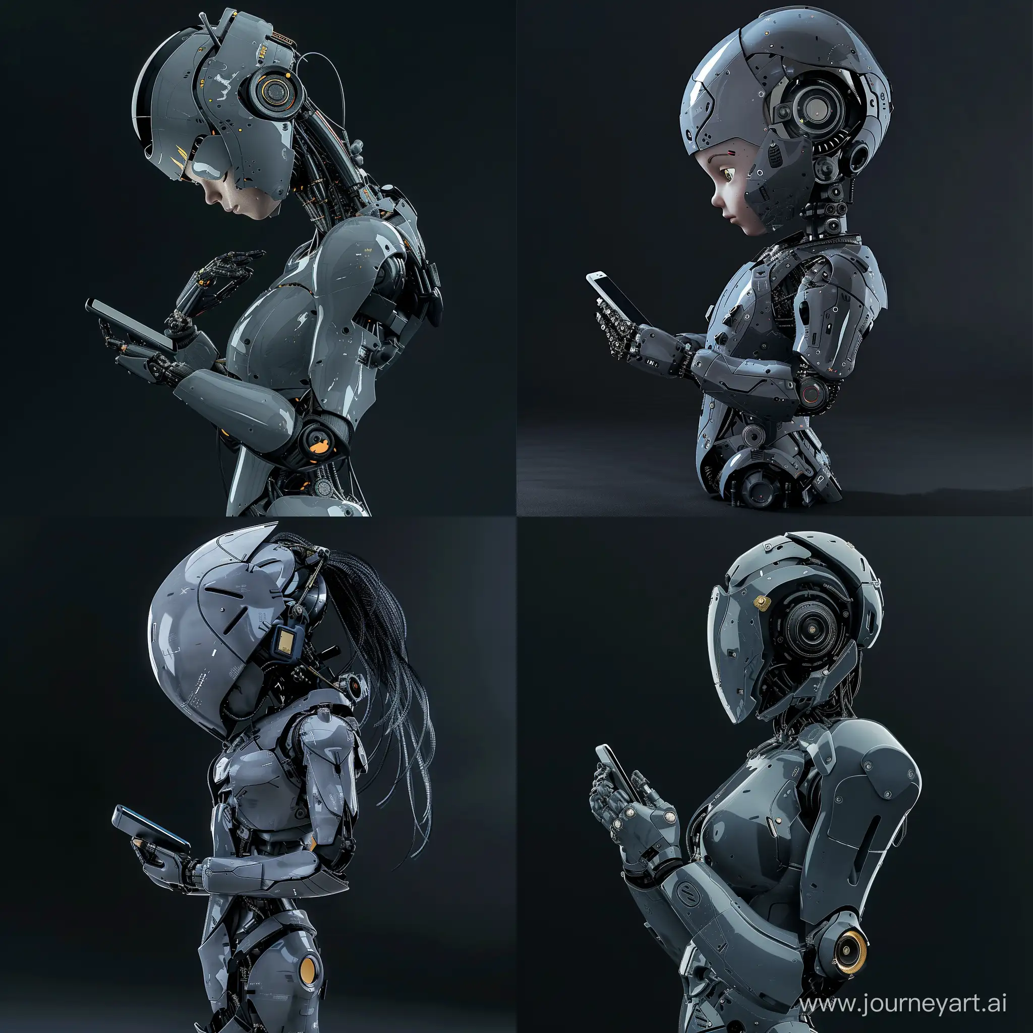 A female robot is cute, made of dark gray metal, standing half sideways
and holding a phone in her hand, cyberpunk style, futuristic style, on a dark background