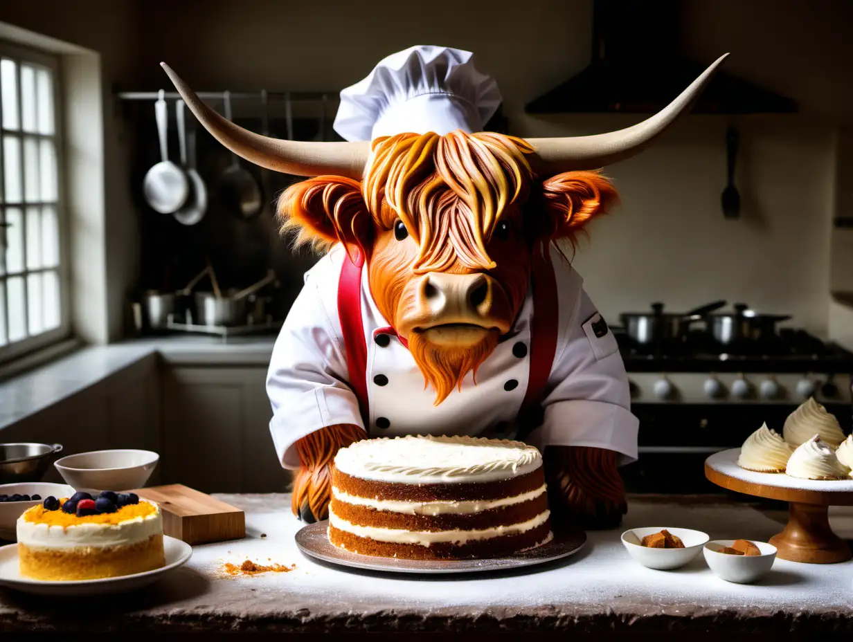 highland cow  in chefs uniform baking a cake
