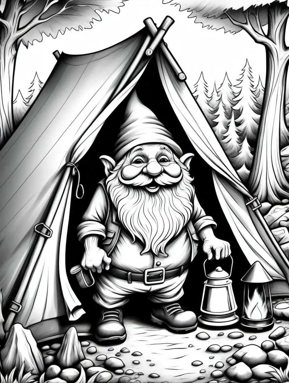 coloring page, old gnome, chubby, whimsical, black and white, camping with a tent