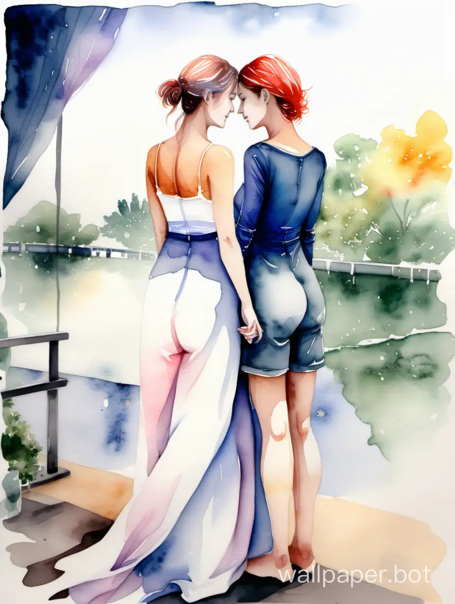Romantic-Lesbian-Couple-Enjoying-a-Serene-Watercolor-Landscape