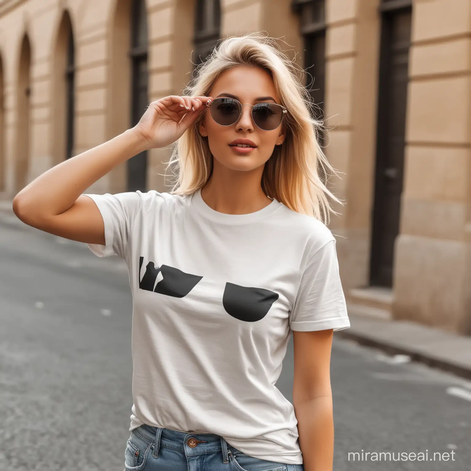 photo blonde with sunglasses pose blank tshirt street zoom
