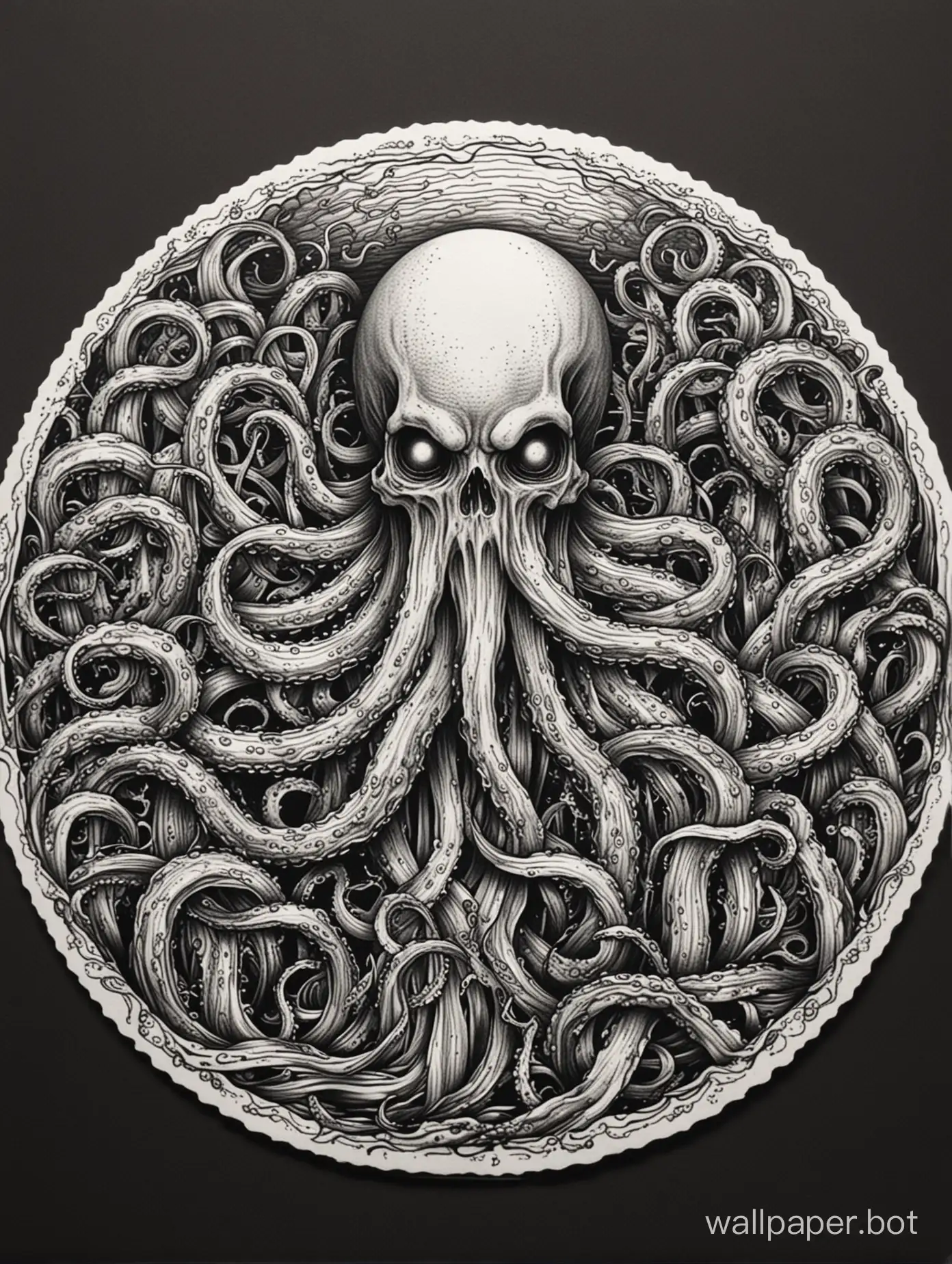 Hand tatto template, black tentacles,, horror blackwork lineart, monochormatic,  ornament, hatching hard circular waves, 