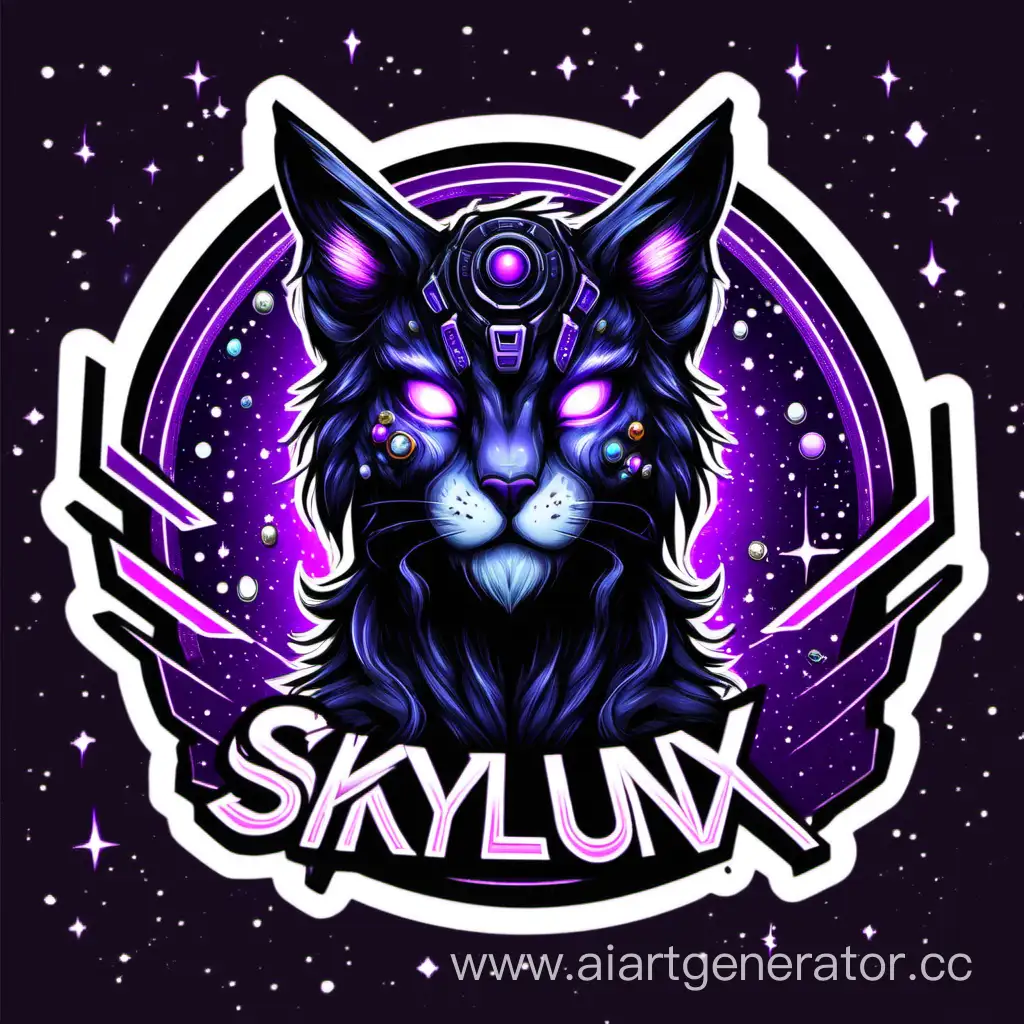 Черная рысь геймер с феолетовыми глазами в космосе стикер снизу надпись "SkyLunX"