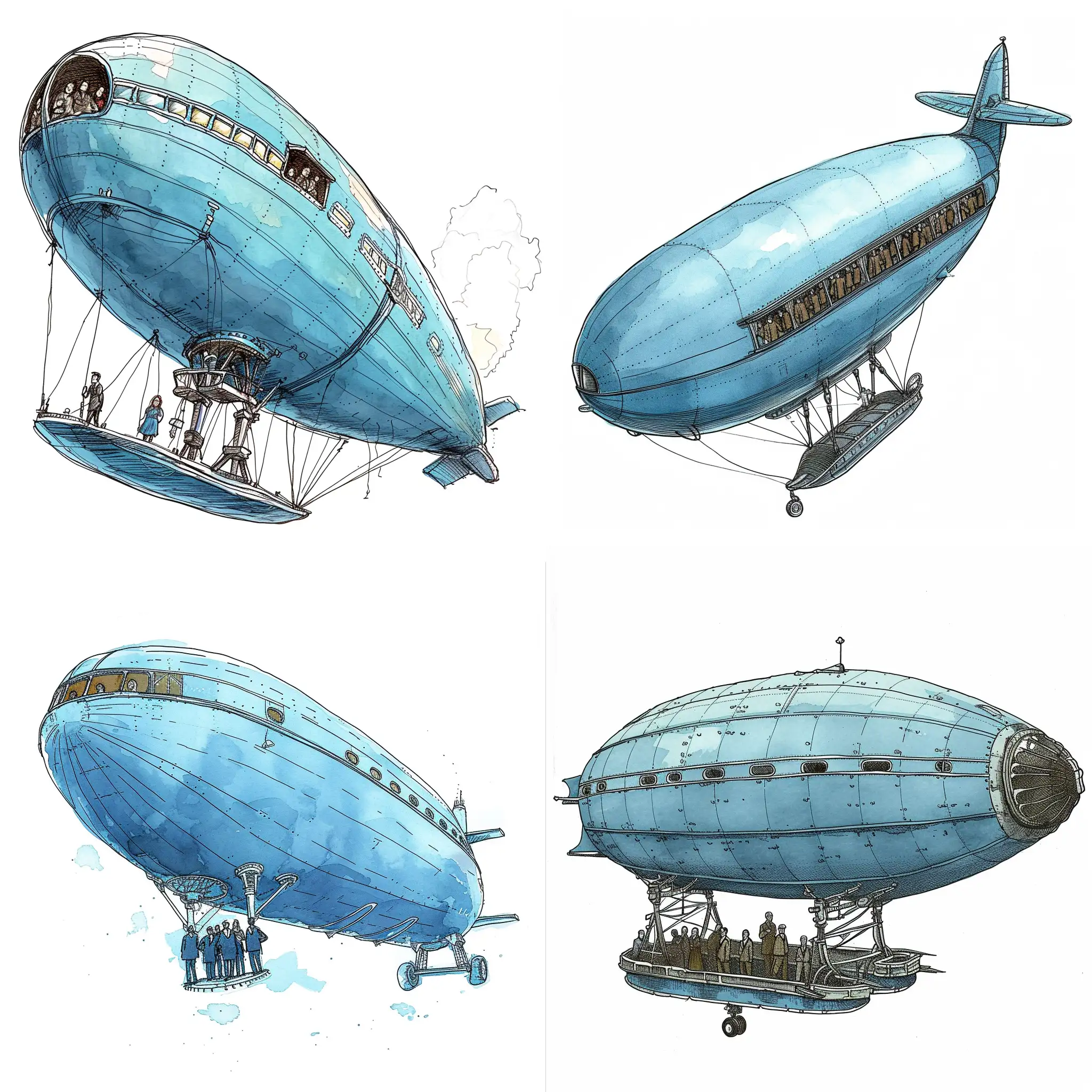 A blue flying blimp with people standing happily inside, Victor sketch drawing illustrator style on white background. 