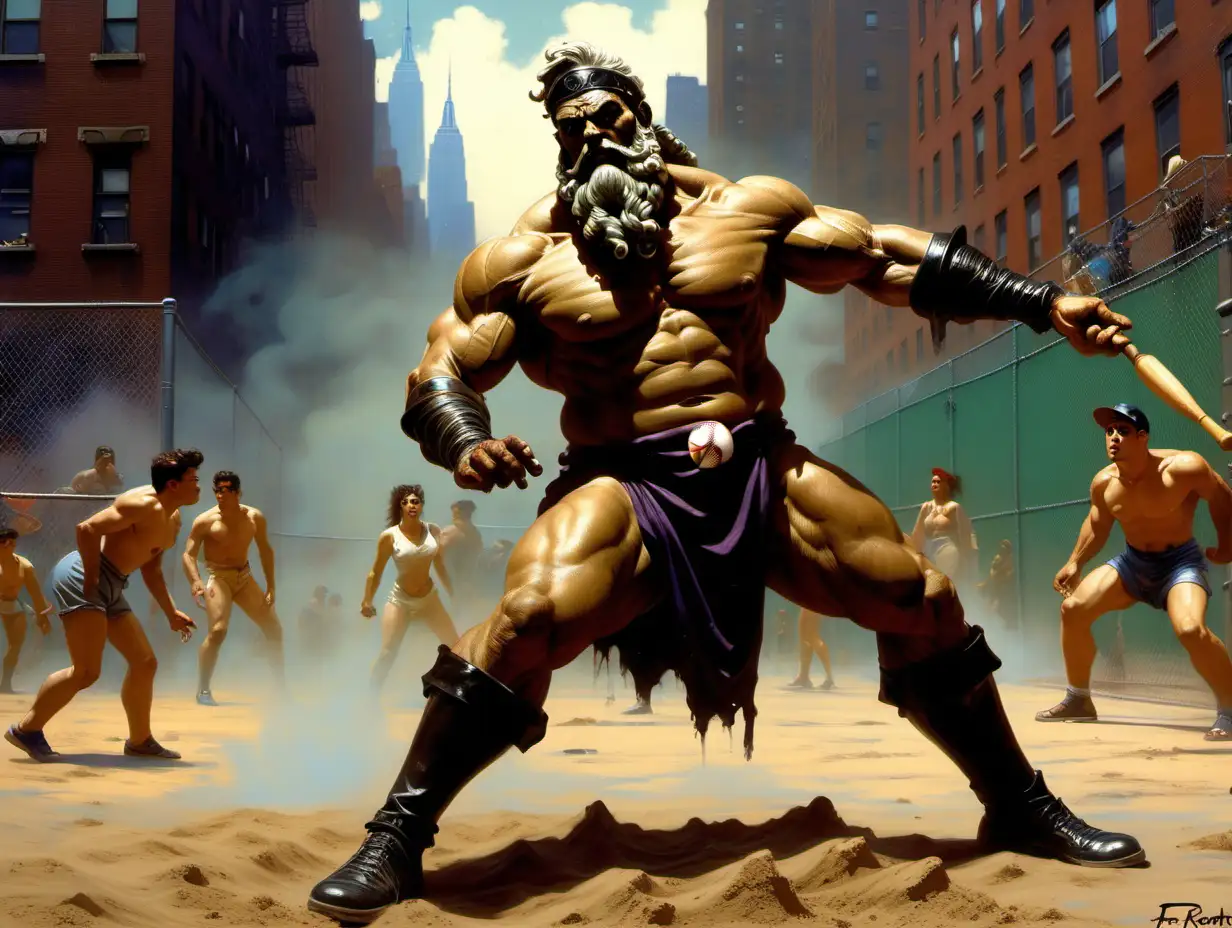 Zeus Cyberpunk Baseball in NYC Sandlot by Frank Frazetta