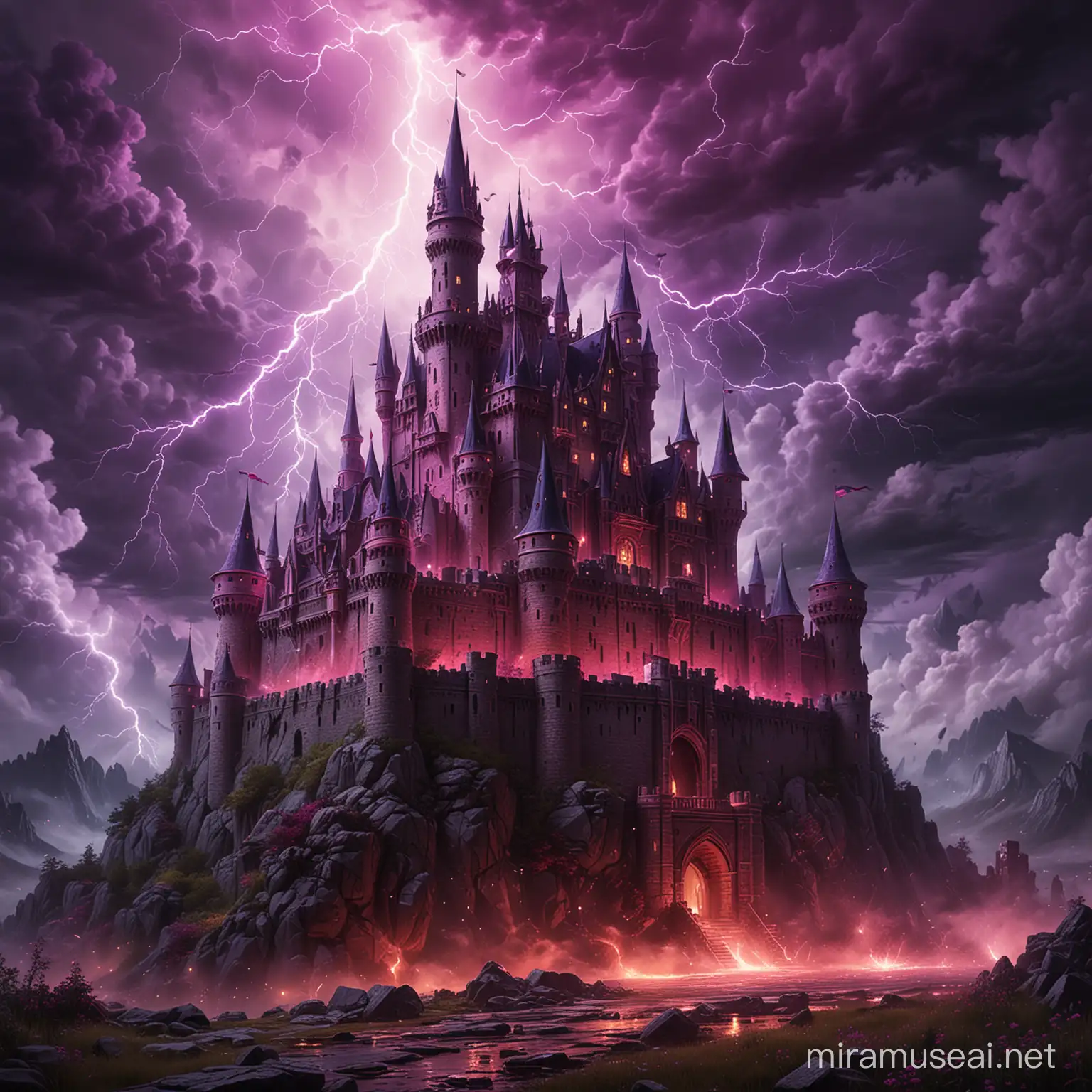 castello horror notturno con lampi e tuoni sullo sfondo, colori tendenti al viola e fucsia