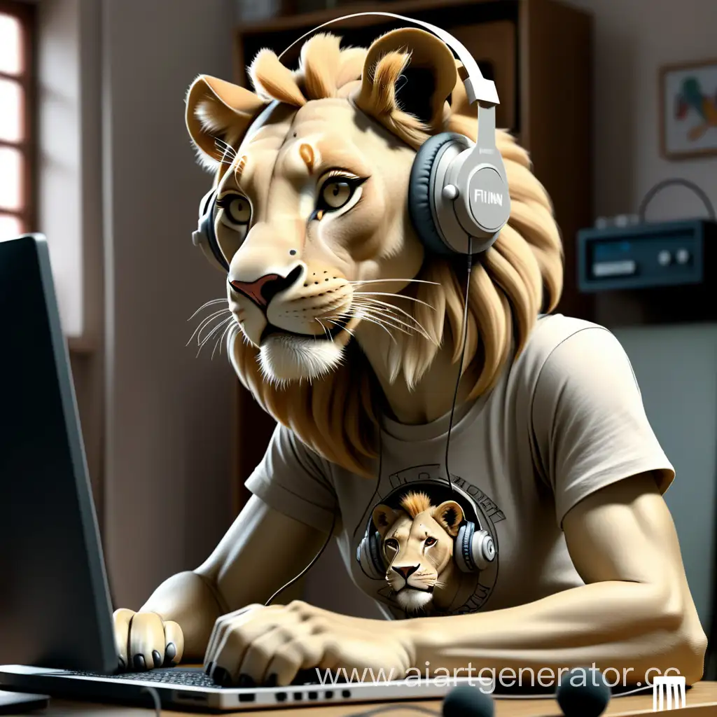 Львица сидит за компьютером играет в наушниках в футболке надпись FILINA