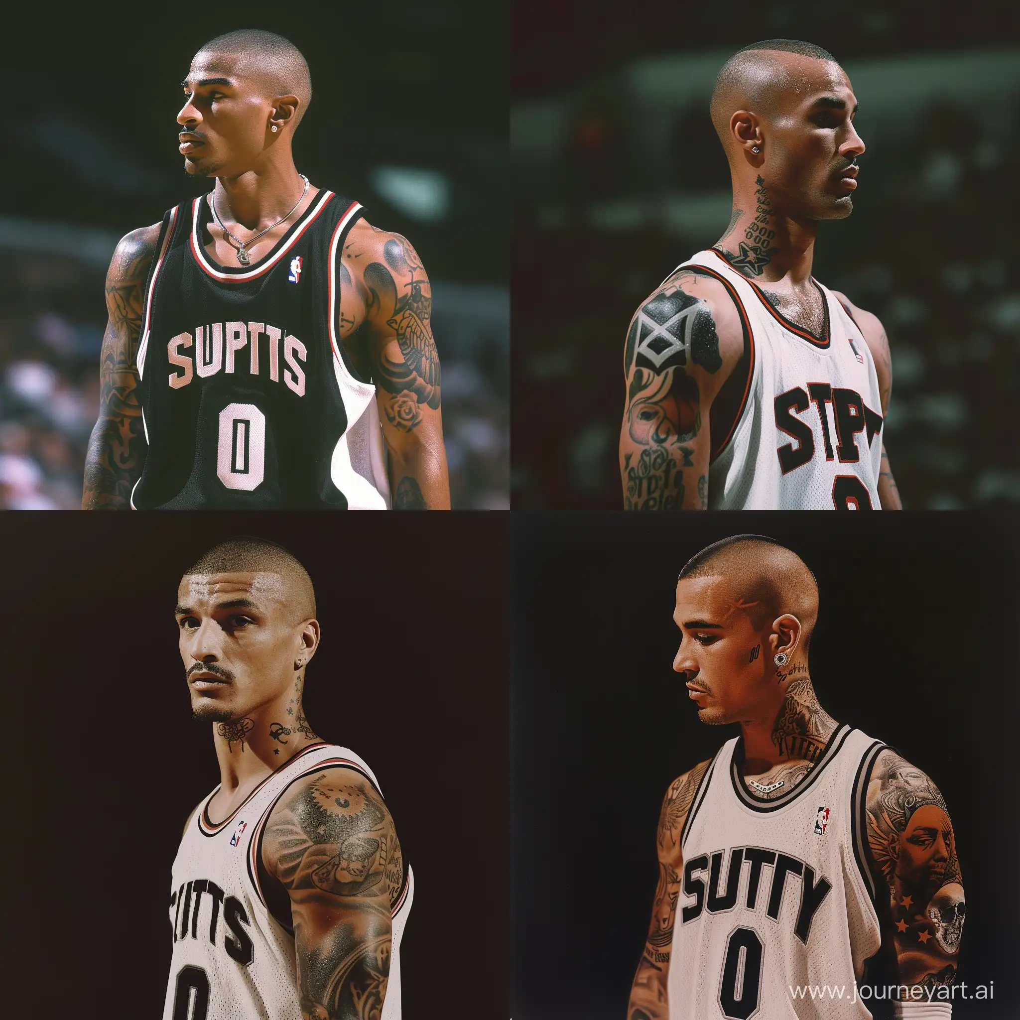 A late 1990s photograph of a Michael Jordan look alike with a buzz cut and tattoos,Wearing a Spurs Jersey,Wearing Number 0