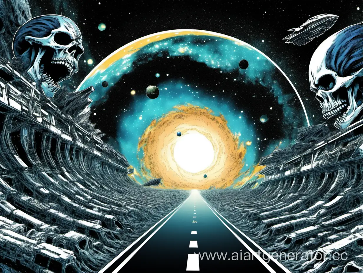 Galaxy-Theme-Spaceship-Road-to-Black-Hole-and-Skeleton-Silhouette