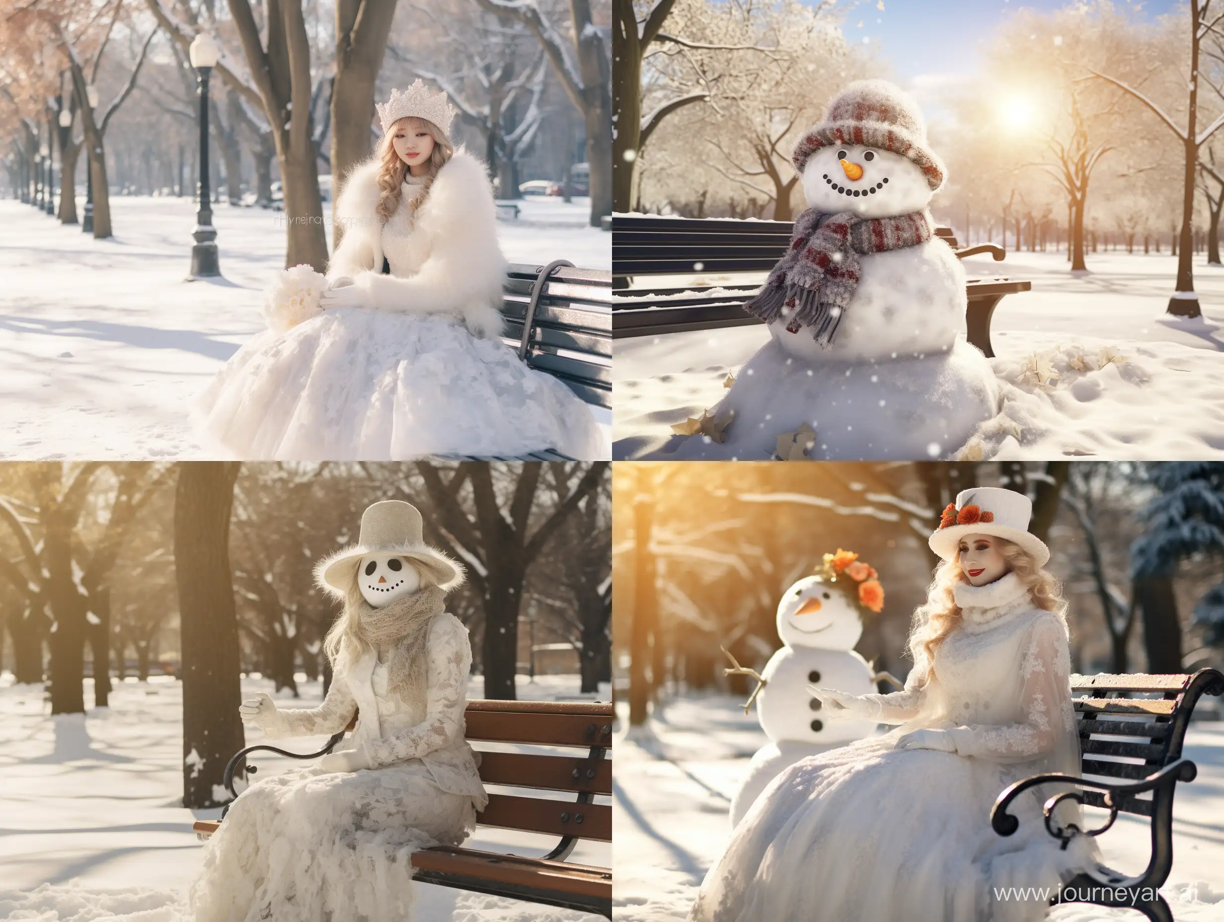 雪人新娘，洁白的雪，公园背景，阳光明媚，坐在公园椅子上，8k HD