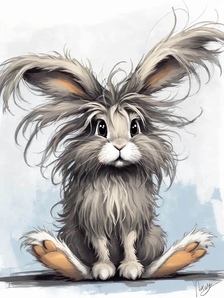 sketch of a scruffy  bunny with extremely long scraggly hair 
