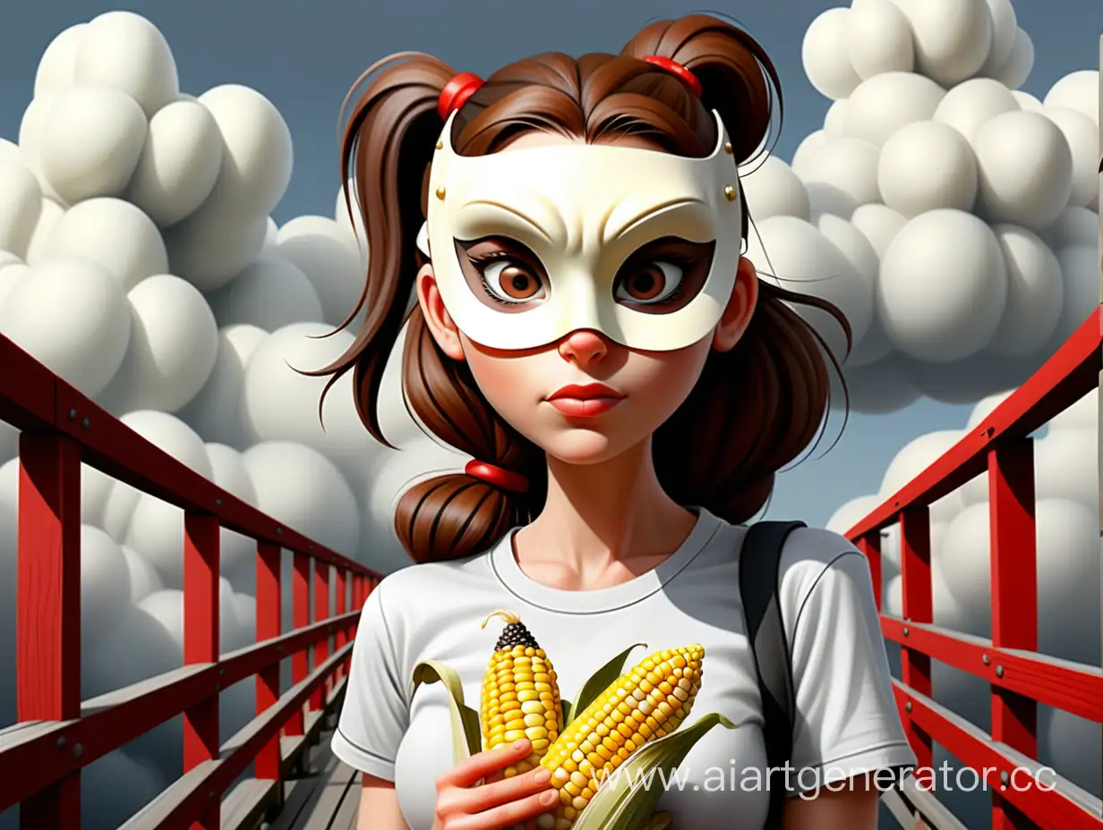like comics, a woman with brown hair, dark gray eyes, a ponytail on her head, wearing a carnival gray mask over her eyes, wearing a white T-shirt with print many small corn on the cob, stands on a long red wooden bridge among the clouds, says “можно толкаться?" asks with a questioning face.
