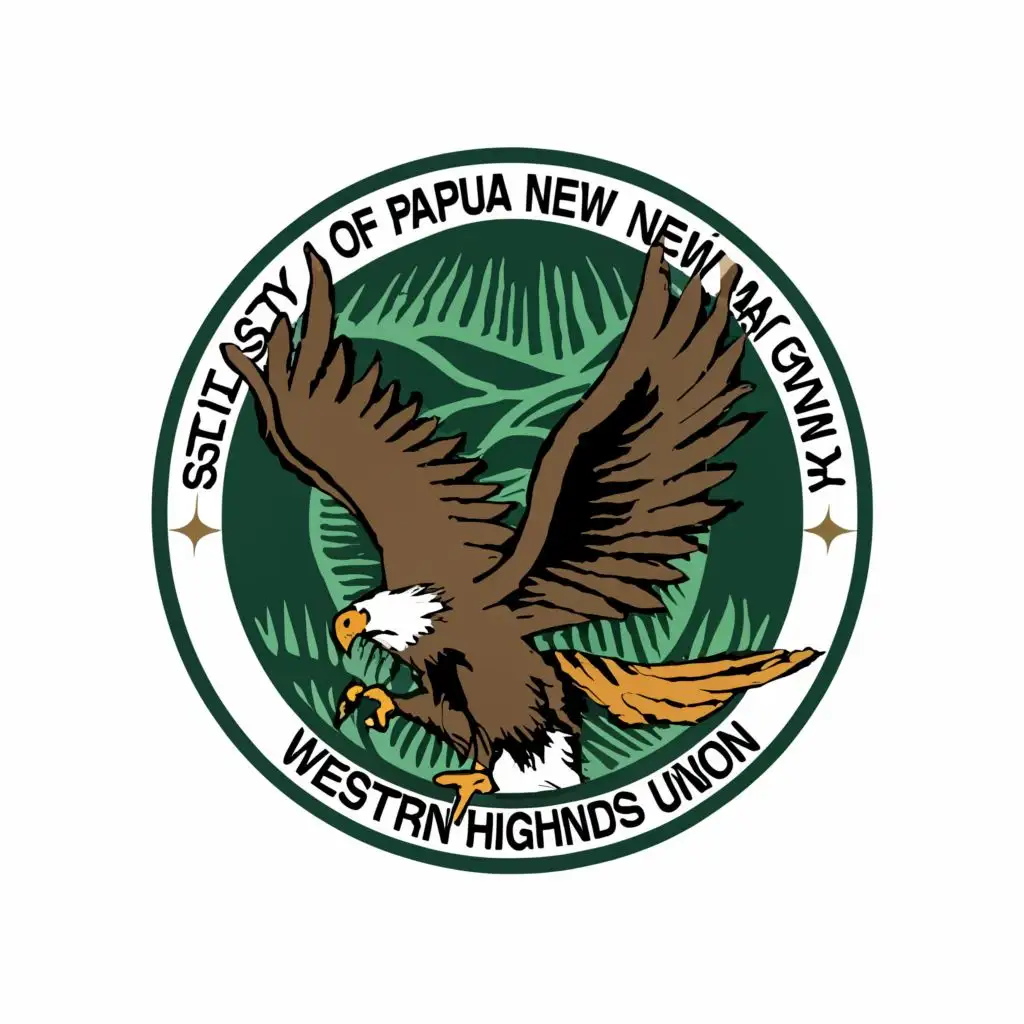 a logo design,with the text "University of Papua New Guinea
Western Highlands Students' Union", main symbol:Circle with an eagle on the background. Only use the color green, white, blue and black in its design,Moderate,be used in Education industry,clear background